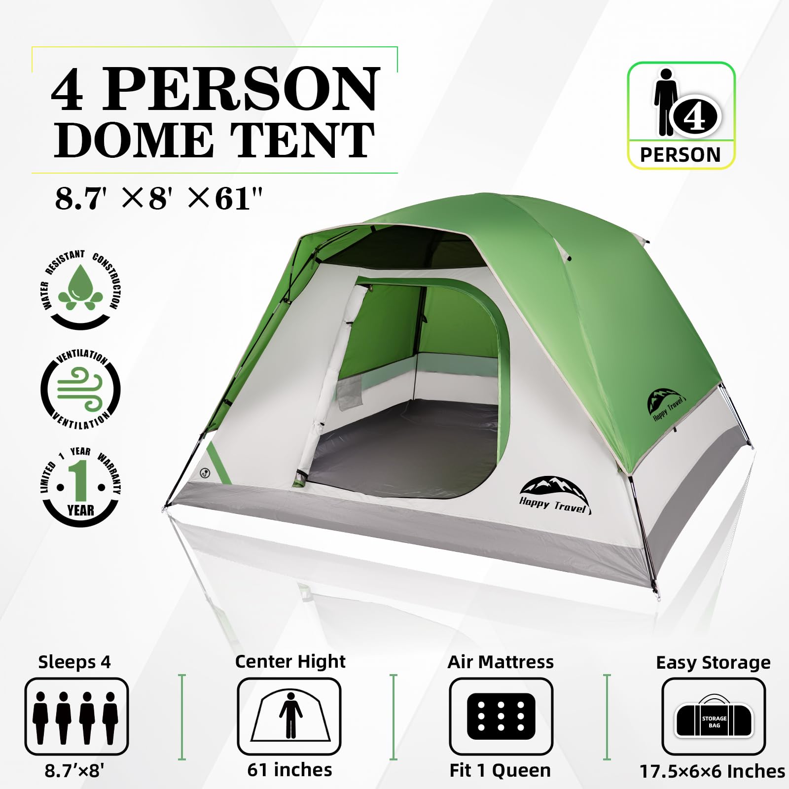 Happy Travel Campingzelt, 4/5 Personen Kuppelzelte für Camping mit Regenfliege, wasserdichter Clip, einfacher Aufbau, tragbares Familienzelt mit Netzfenstern, 20% mehr Kopffreiheit Rucksackzelte für