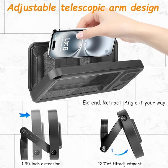 Shower Phone Holder with Wireless Bluetooth Speaker , 480 Rotation Retractable Adjustable Shower Case for iphone ,Bathroom Wall Phone Mount Stand WaterProof Anti Fog,Compatible with All 4-7Cellphone