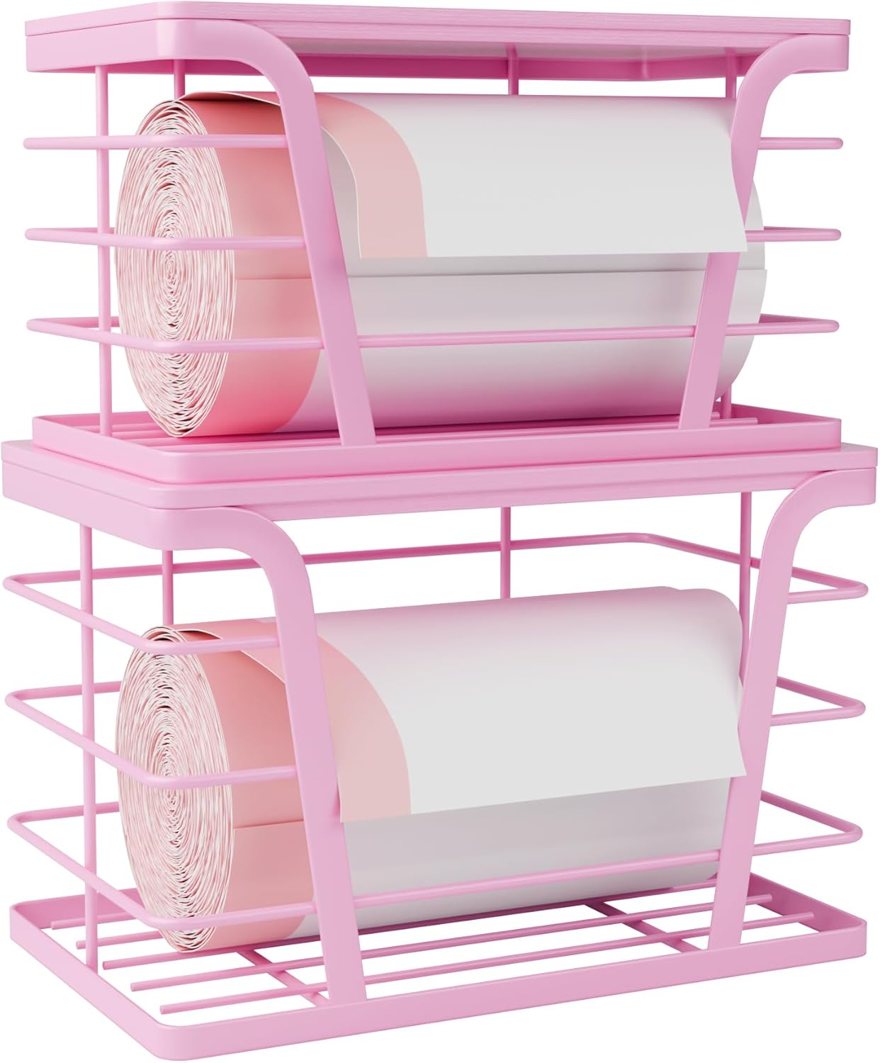 TIDIIABODE 2 Pack Pink Trash Bag Holder - Stackable Garbage Bag Dispenser with Bamboo Top, Kitchen Accessories & Decor, Wall Mount Storage for Kitchen, Home, Bathroom Decor & Gifts