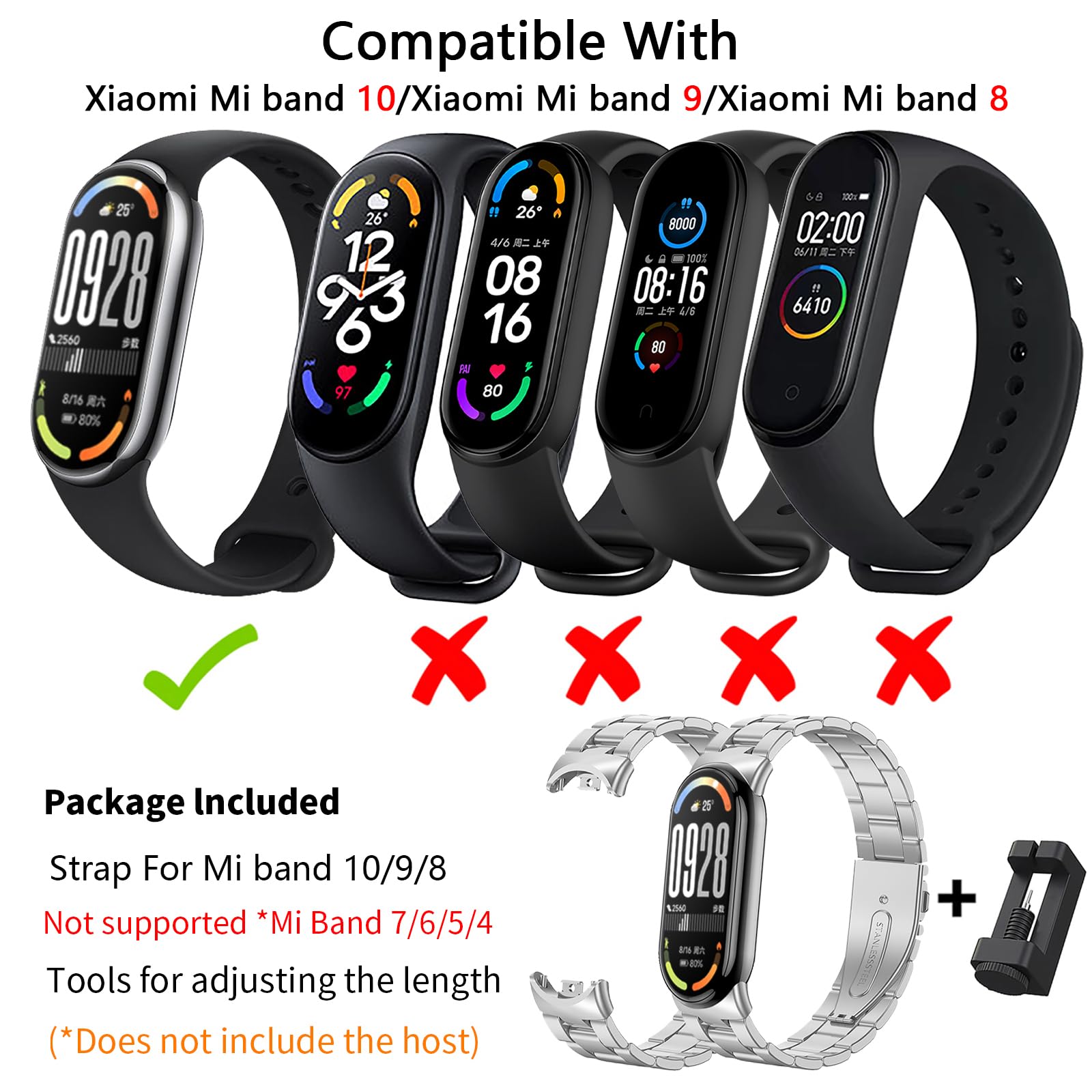 BDIG Correa Compatible para Xiaomi Mi Band 10/Mi Band 9/Xiaomi Mi Band 8, Pulsera de Repuesto de Acero Inoxidable Hebilla Ajustable Correa para Mi Smart Band 10/9/8 Plata (Reloj No Incluido) — view 5