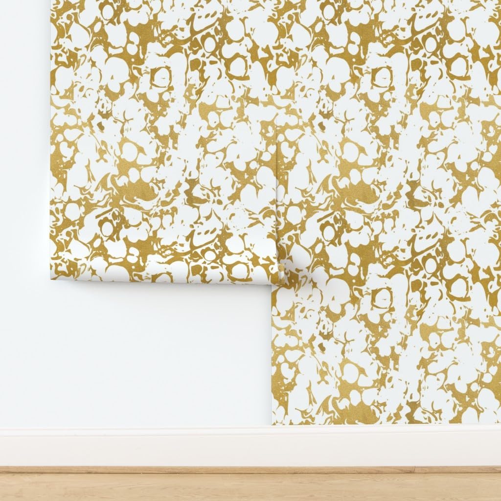 Peel & Stick Wallpaper 3ft x 2ft - Faux Gold White Marble Bubble Metallic Look Abstract Custom Removable Wallpaper by Spoonflower