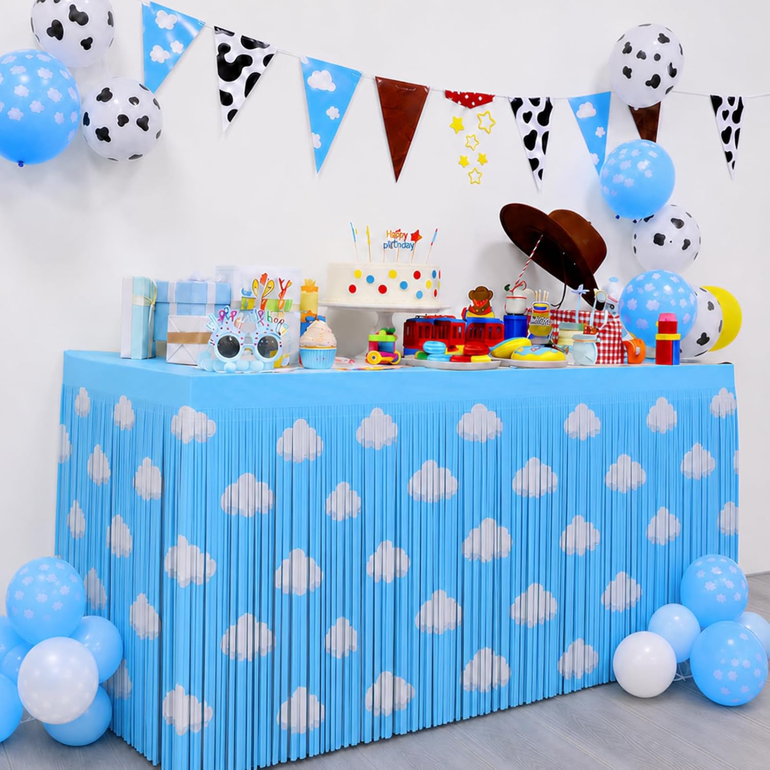 Bupelo Toy Party Table Decorations, 2Pcs Blue Sky White Clouds Table Skirts