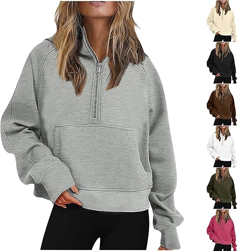 SHOPESSA Sudadera con capucha con media cremallera para mujer, con agujero para el pulgar, con bolsillo tipo canguro, manga raglán, con cremallera