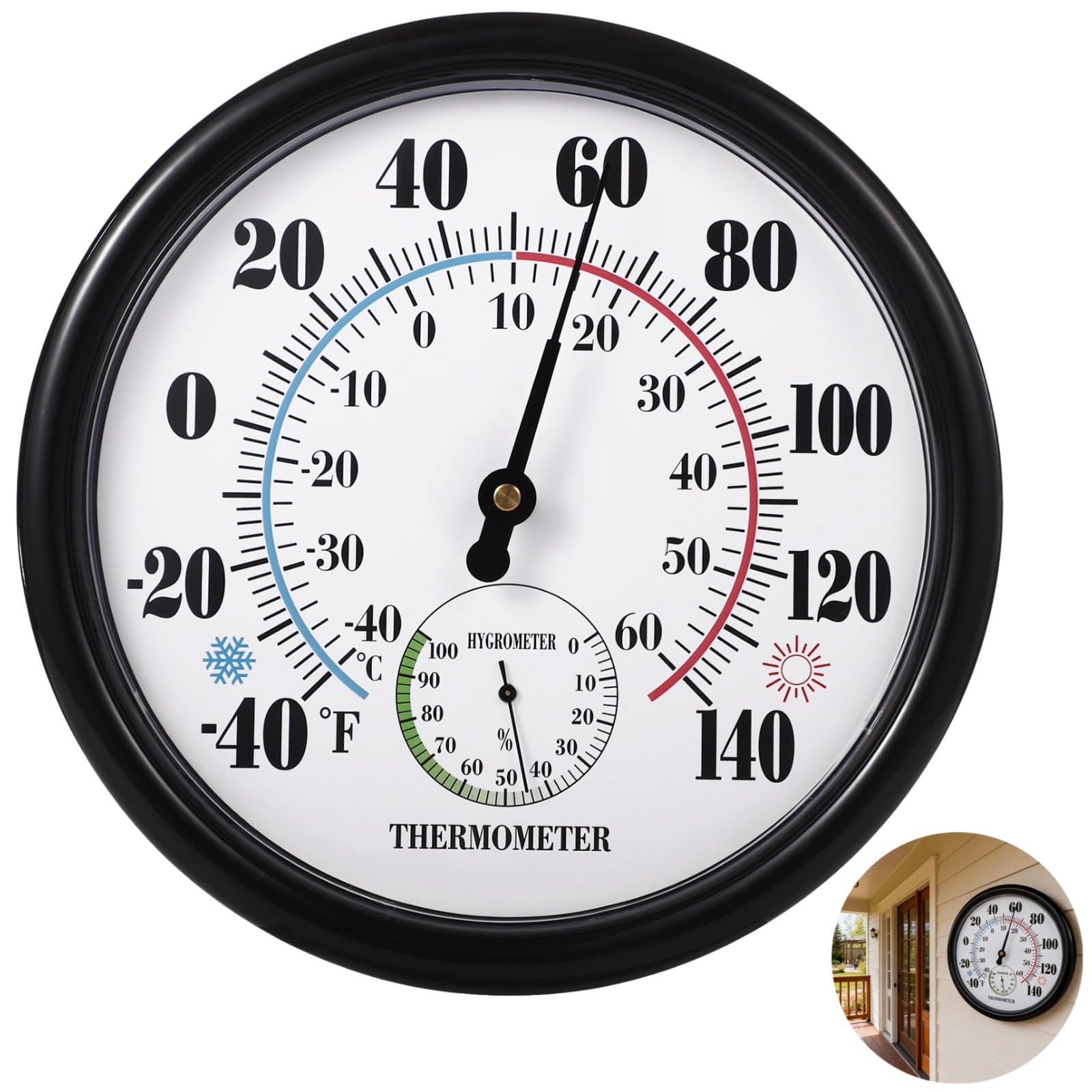 10 in Indoor Outdoor Thermometer Hygrometer, Large Wall Thermometer with Humidity Gauge, No Battery Needed