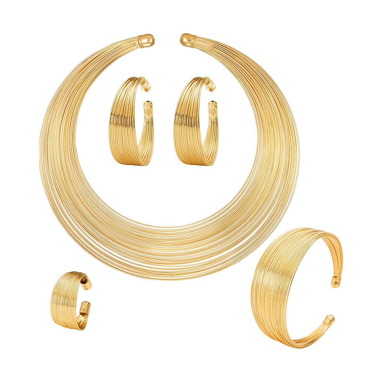 TOEECY Juegos de Joyas Nacional Africana para Mujer 5 Piezas Bib Dorado Choker Collares Babero Abierto Brazalete Puño Ancho Pendientes Anillos Oro/Plata Joyería Bisutería