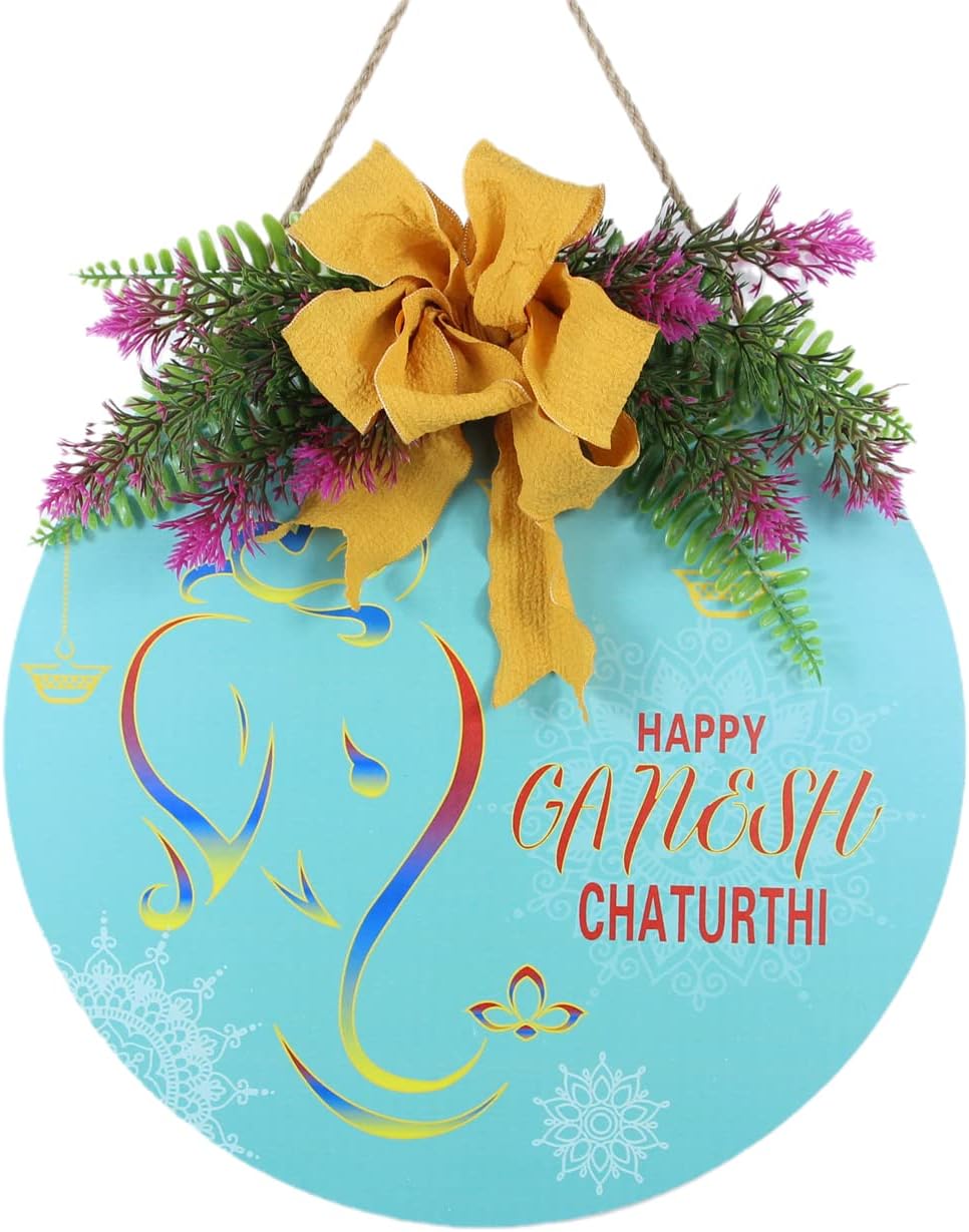 Ganesha Door Sign Decoration, Hindu Elephant God Wooden Hanging Plaque Wreaths for Front Door, Indian Luck Hanger Gifts for Outdoor Indoor Home Wall Yard Porch Decor Art