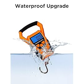 HEETA Waterproof Fish Scale Digital with Backlit LCD Display, 110lb/50kg Portable Hanging Scale Fishing Scale for Home and Outdoor, Measuring Tape and 2 AAA Batteries Included (Orange)