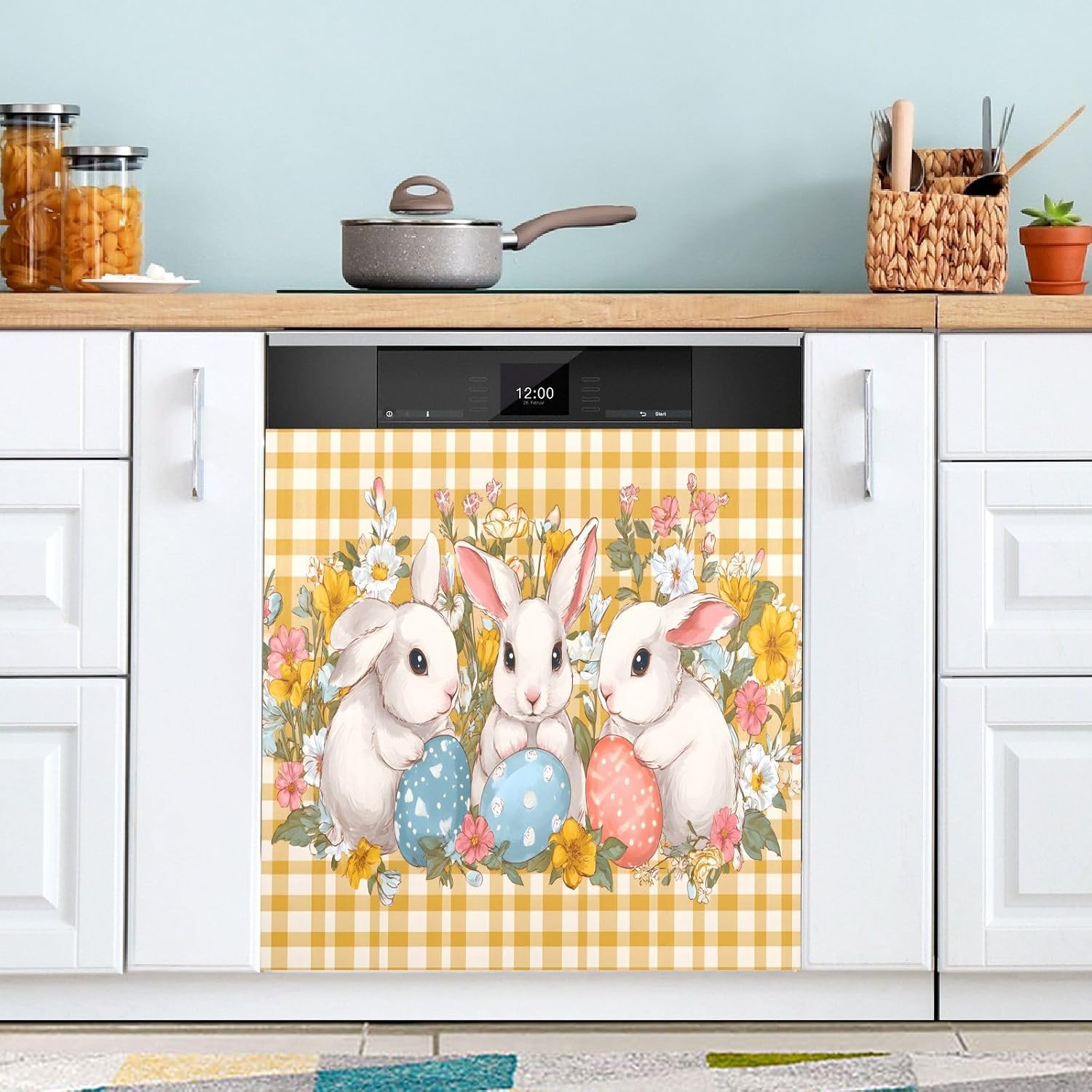 Dishwasher Magnet Cover Large Magnetic Stickers Plaid Easter Bunny Front Dishwasher Cover for Home Kitchen Refrigerator Decorative Lid