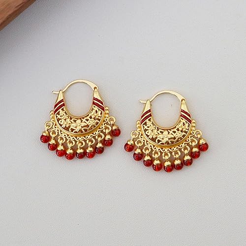 Miniatura 5 de Pendientes de aro estilo chino vintage con cuentas de ágata azulroja y borlas de perlas, latón chapado en oro de 18 quilates, joyería bohemia para