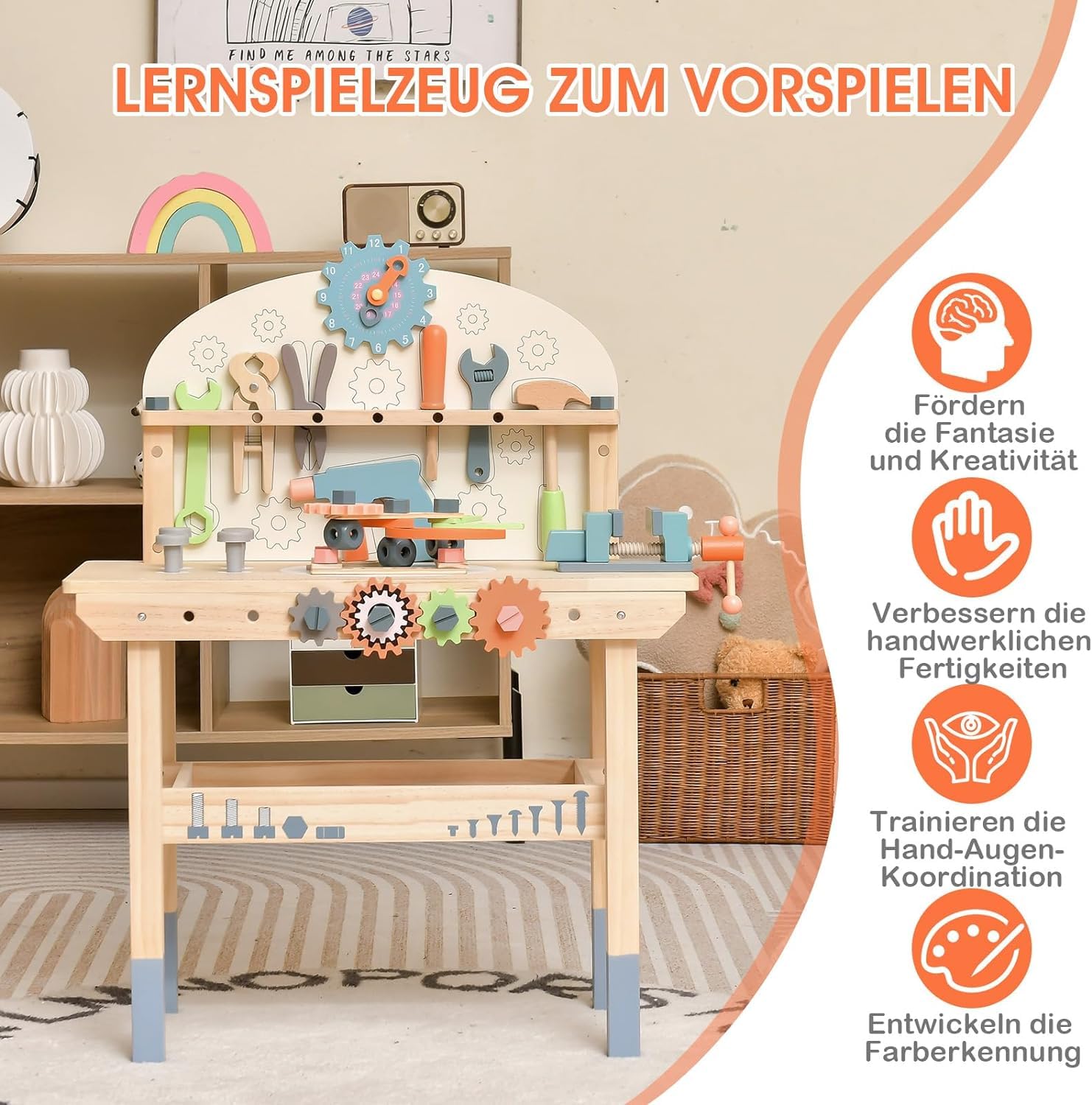 DREAMADE Werkbank Kinder, Werkzeugbank für Kinder aus Holz mit 63 Zubehör, Werkzeug Spielzeug Set mit Strauraum & Uhr & Werkzeughalter, Werkbank für Kinder ab 3 Jahren