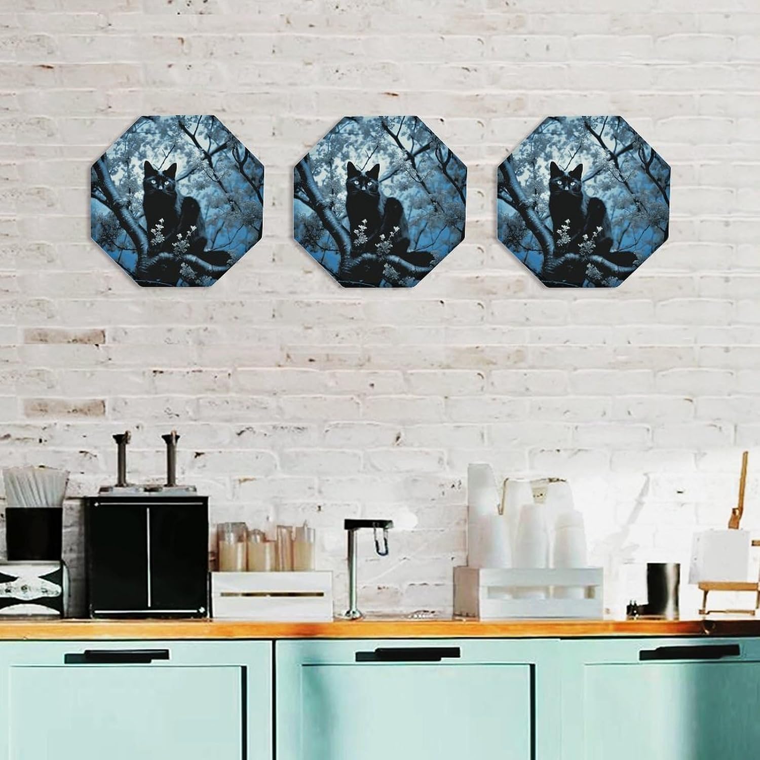 Ctagon Metal Sign for Home, Modern Display Plate for Kitchen, Black Cat on Tree Plates Accent Hanging Wall Decorations 3PCS for Living Room, Bedroom, Hallway, Hotel