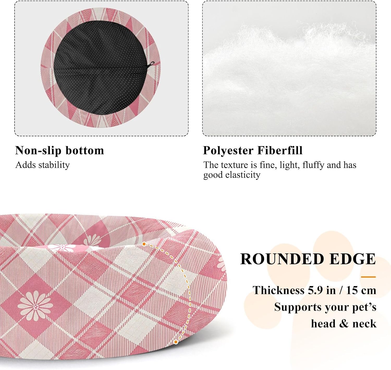 Dog Bed Ultra Soft Fluffy Comfortable Cat Bed, Pink Floral Gingham Washable Dog Beds Anti-Slip Round Pet Beds for Medium Dogs
