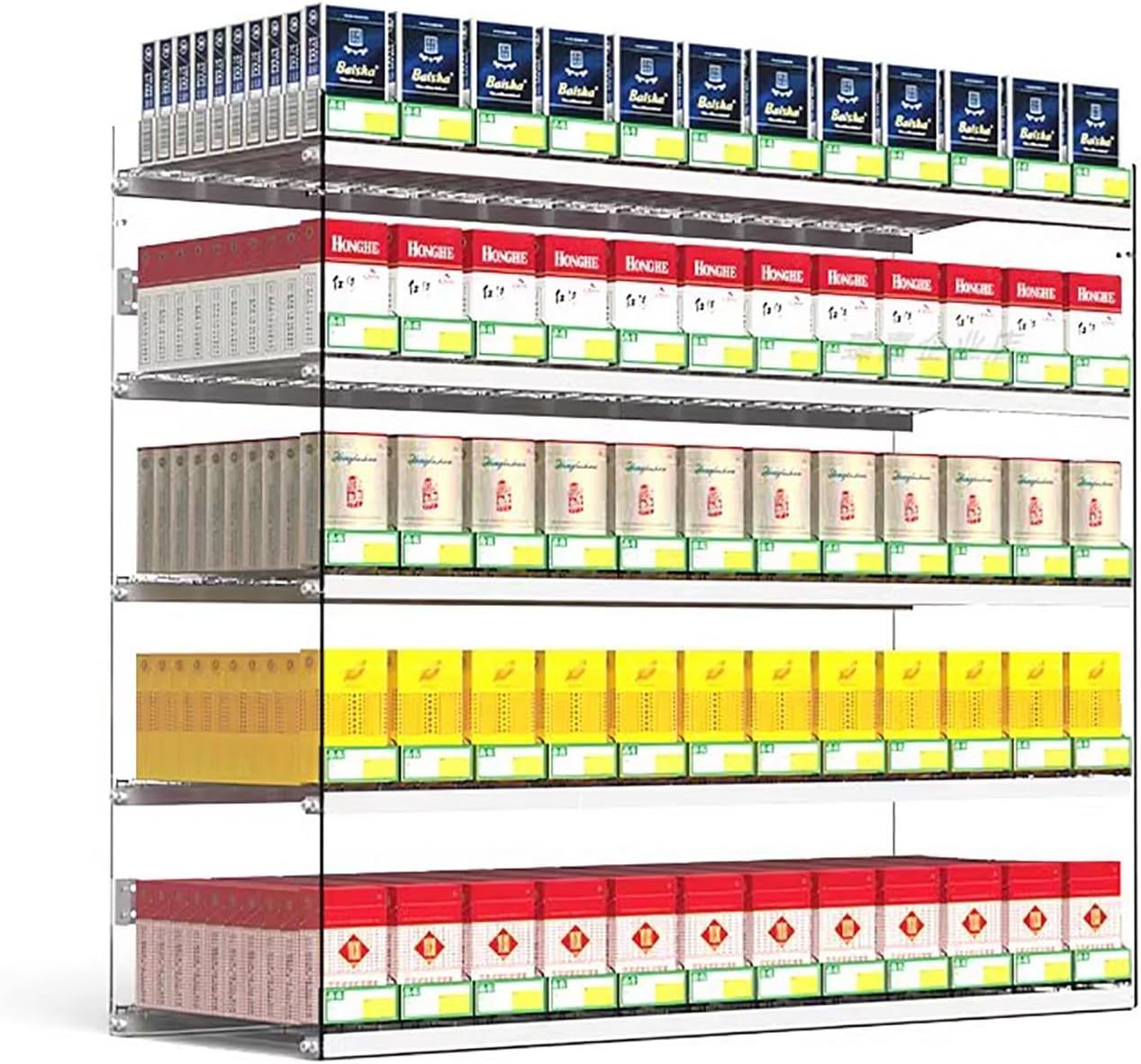 Store Display Shelves Cigarette Display Holder Rectangle Counter Shelf,5 Tier Desktop Cigarette Showcase Rack,Wall Mounted Cigarette Rack,Acrylic Automatic Cigarette Pusher for Store Market(61.5x28.4c