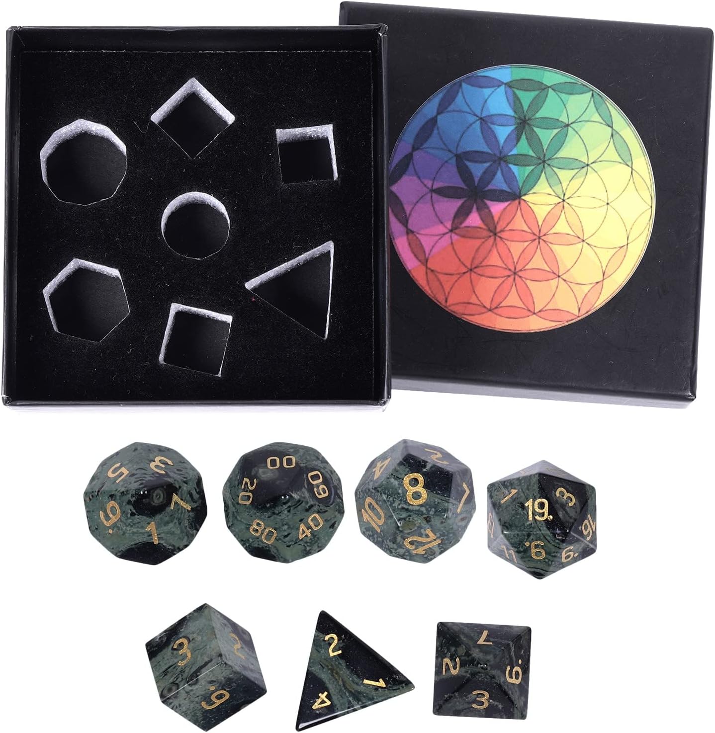 mookaitedecor 7 PCS Kambaba Jasper Crystal Polyhedral DND Dice Set, Polished Tumbled Stones Dices for RPG MTG Table Games Home Decoration
