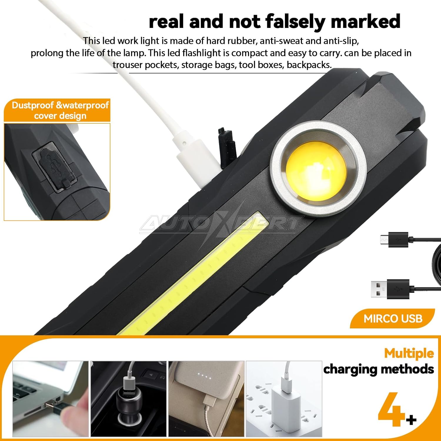 AUTOXBERT 1500LM LED Work Light Rechargeable Flashlights with Magnetic Base, LED Portable Work Light with 3 Lighting Modes & Hanging Hook for Car Repair Camping Home Using Emergency