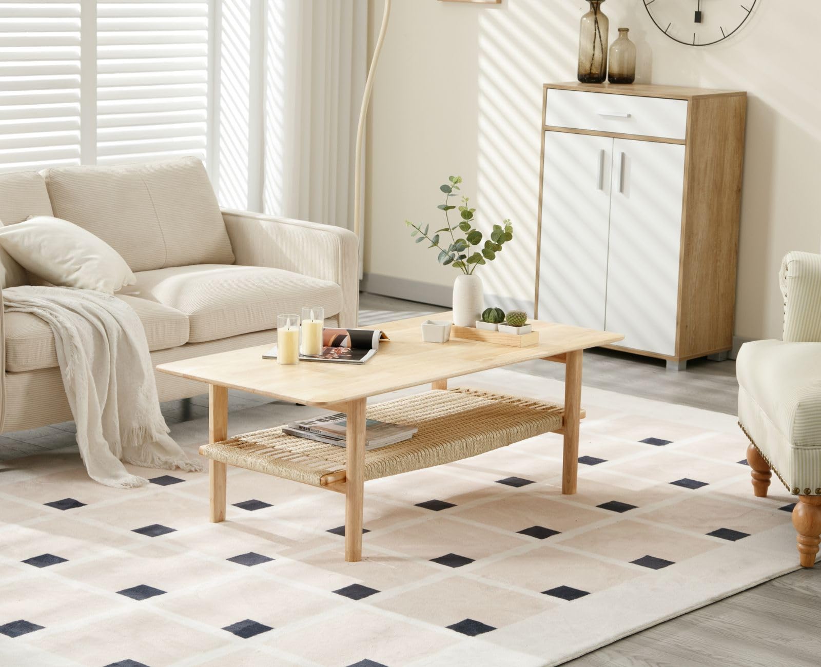 Ya-Home Tavolino da Salotto con Ripiano Intrecciato Tavolino da Caffè Moderno a Doppio Strato in Legno Tavolino Basso da Divano Soggiorno/Camera da Letto/Ufficio, Legno Naturale