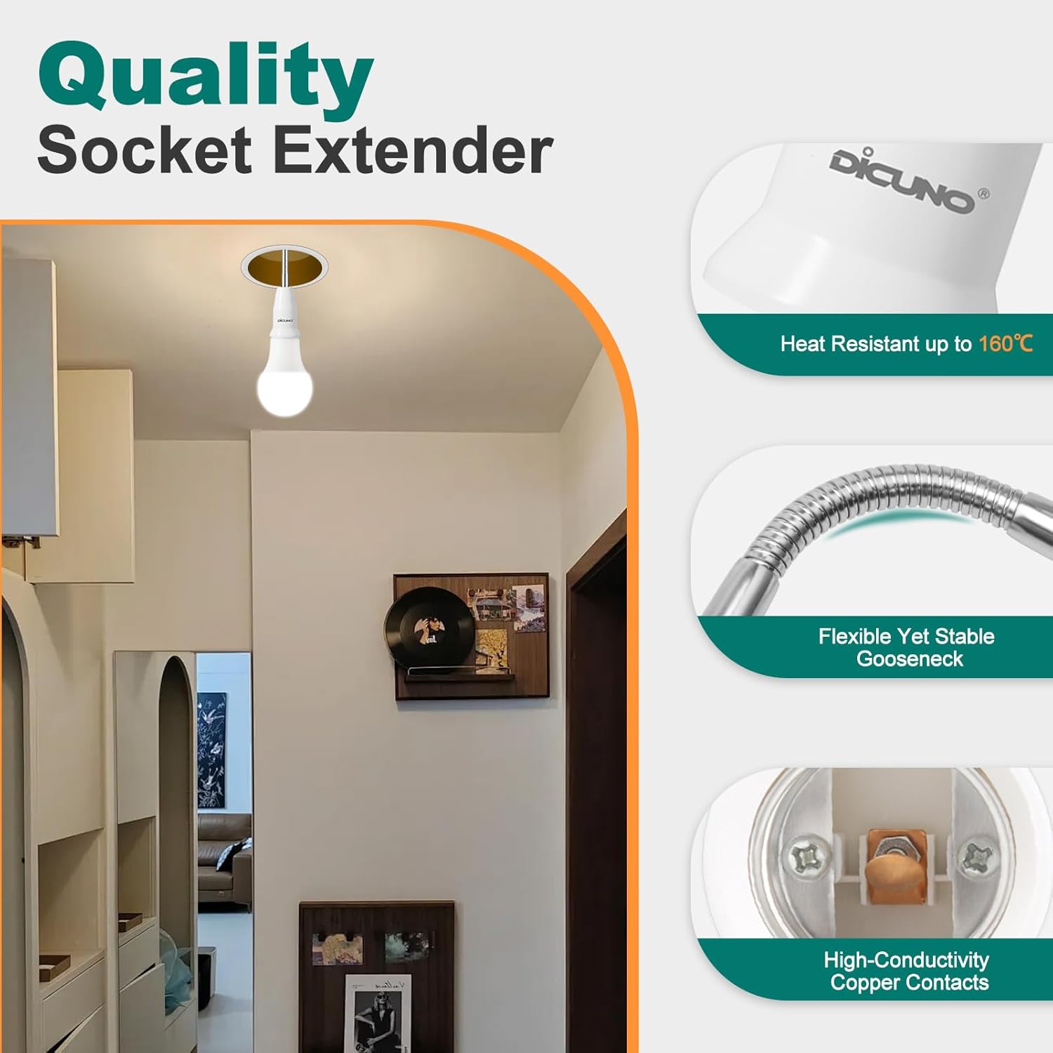 DiCUNO E26 15.5CM/6.1Inch Extension Socket Extender Adapter, E26 Flexible Extender, All-Directional Adjustable, Standard Light Bulb Socket Extension Converter, 2-Pack