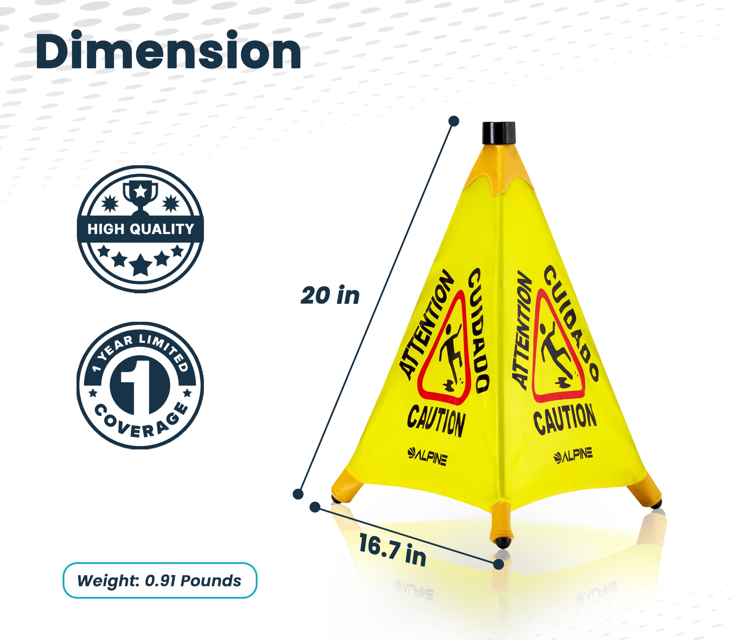 Alpine Caution - Letrero de advertencia de suelo húmedo, 3 unidades, letrero desplegable resbaladizo cuando está mojado, montado en la pared, plegable, bilingüe, amarillo, cono de precaución de