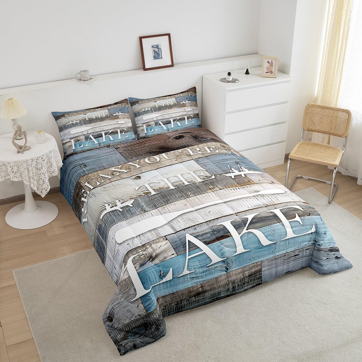 Rustic Farmhouse Comforter Set Lake Cabin Bedding Set King Size Blue Grey Retro Wooden Quilt Set 3pcs for Teens Boys Women Men Home Decor,Lake Life White Cabin Bedspread,2 Pillowcases
