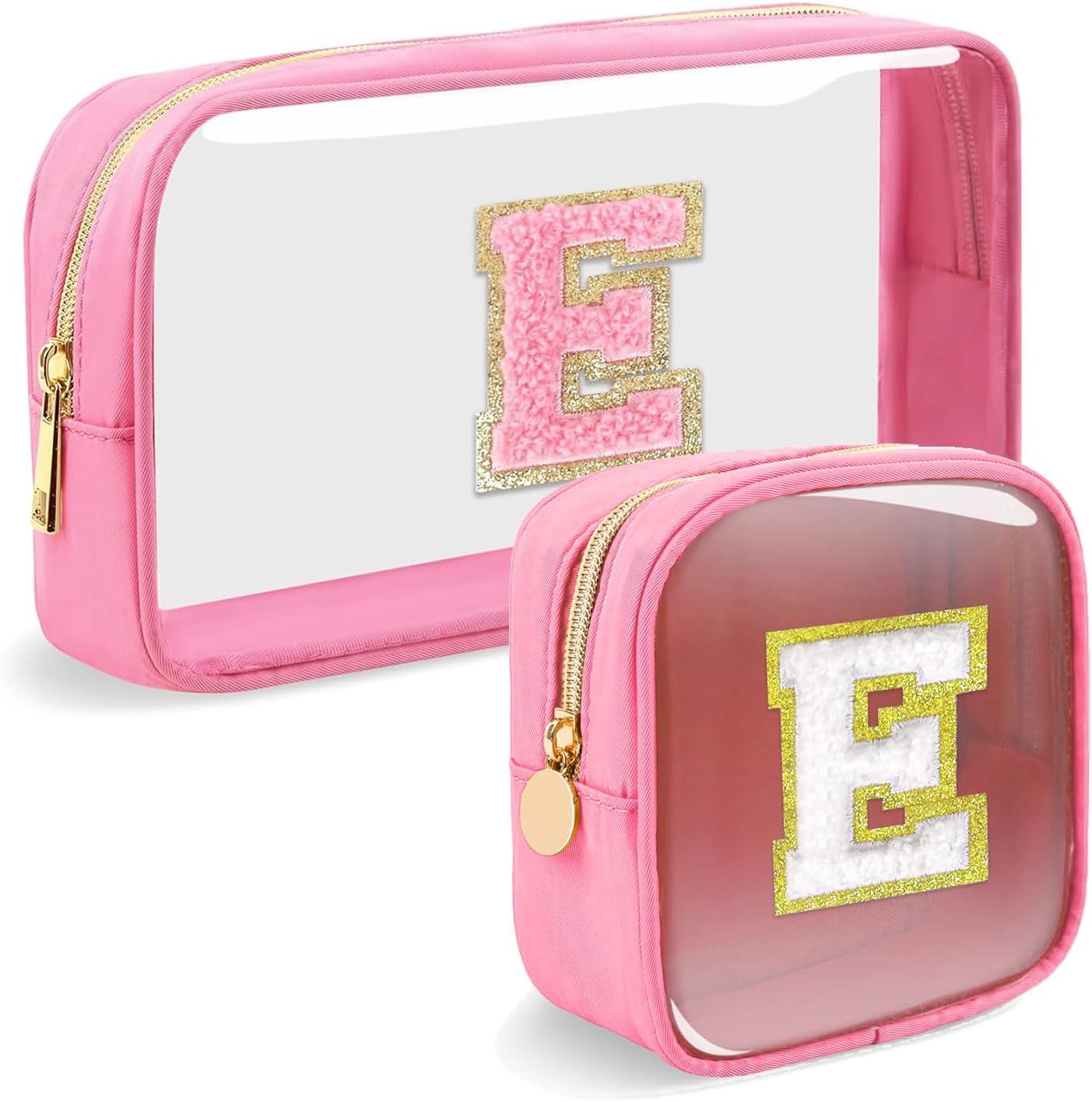 2pcs Personalized Initial Letter Clear Makeup Bag | Waterproof Nylon Preppy Cosmetic Bag | Travel Toiletry Bag | Monogrammed Gifts for Women Girl | Wedding Bridal Shower Gifts for Bridesmaids(Pink E)