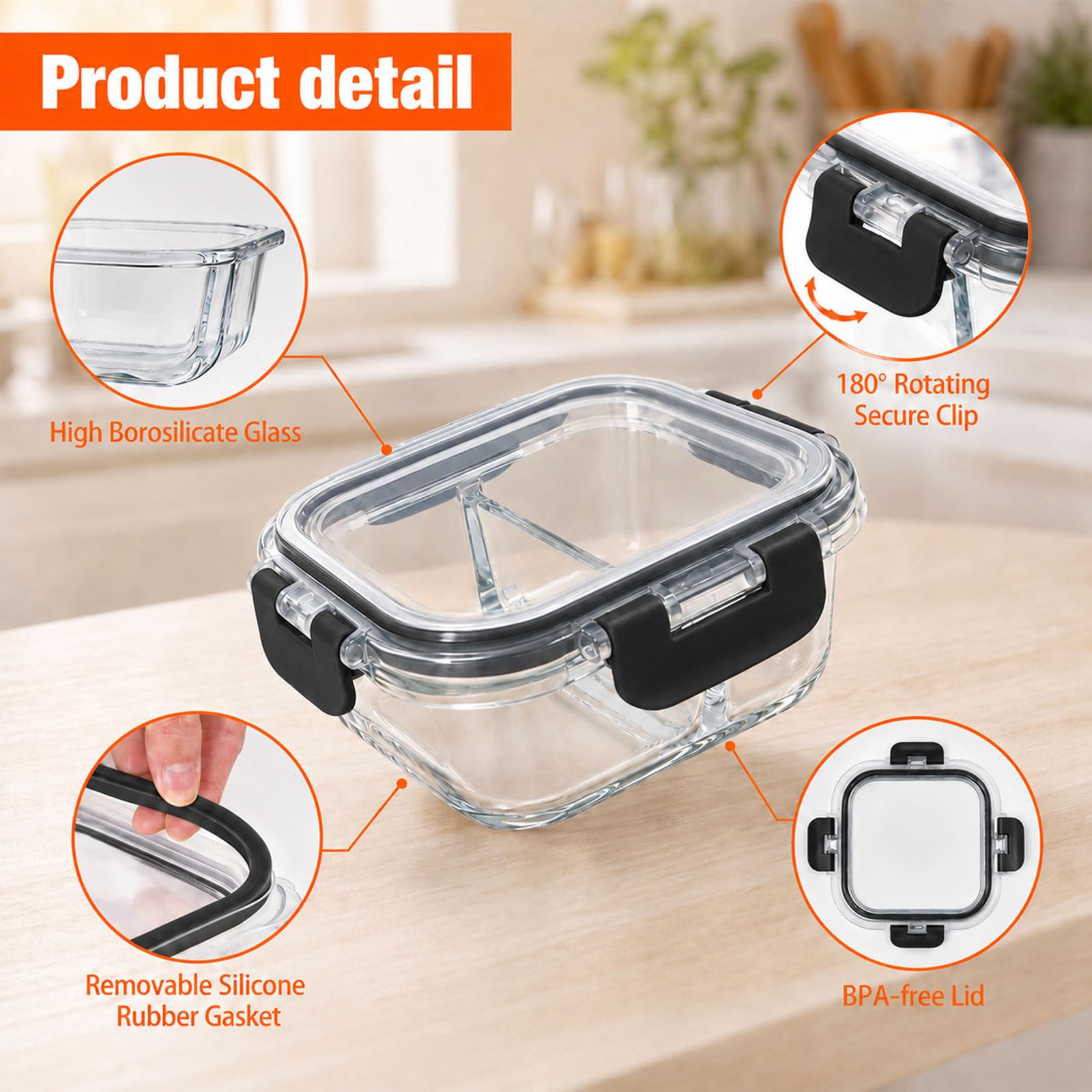 Paquete de 3 recipientes de vidrio para preparación de comidas con tapas, recipientes de control de porciones de 8 onzas para bariátricos, recipientes de vidrio reutilizables con dos