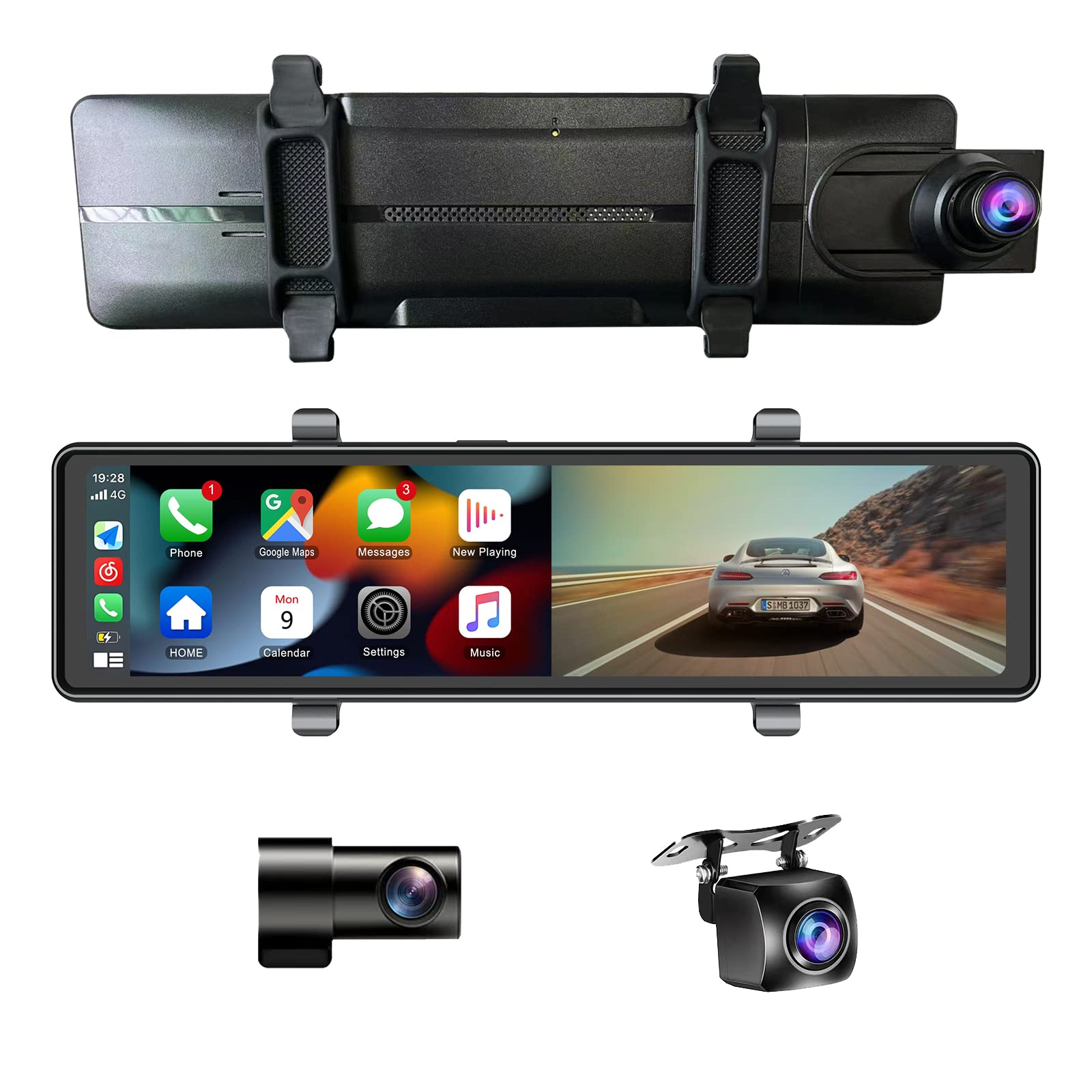 Roadstar 3 Camera Dash Cam Support Apple Carplay Android Auto Wireless Rear View Mirror video Recording WiFi Loop Record DVR App Control 2.5K 2560 * 1440P