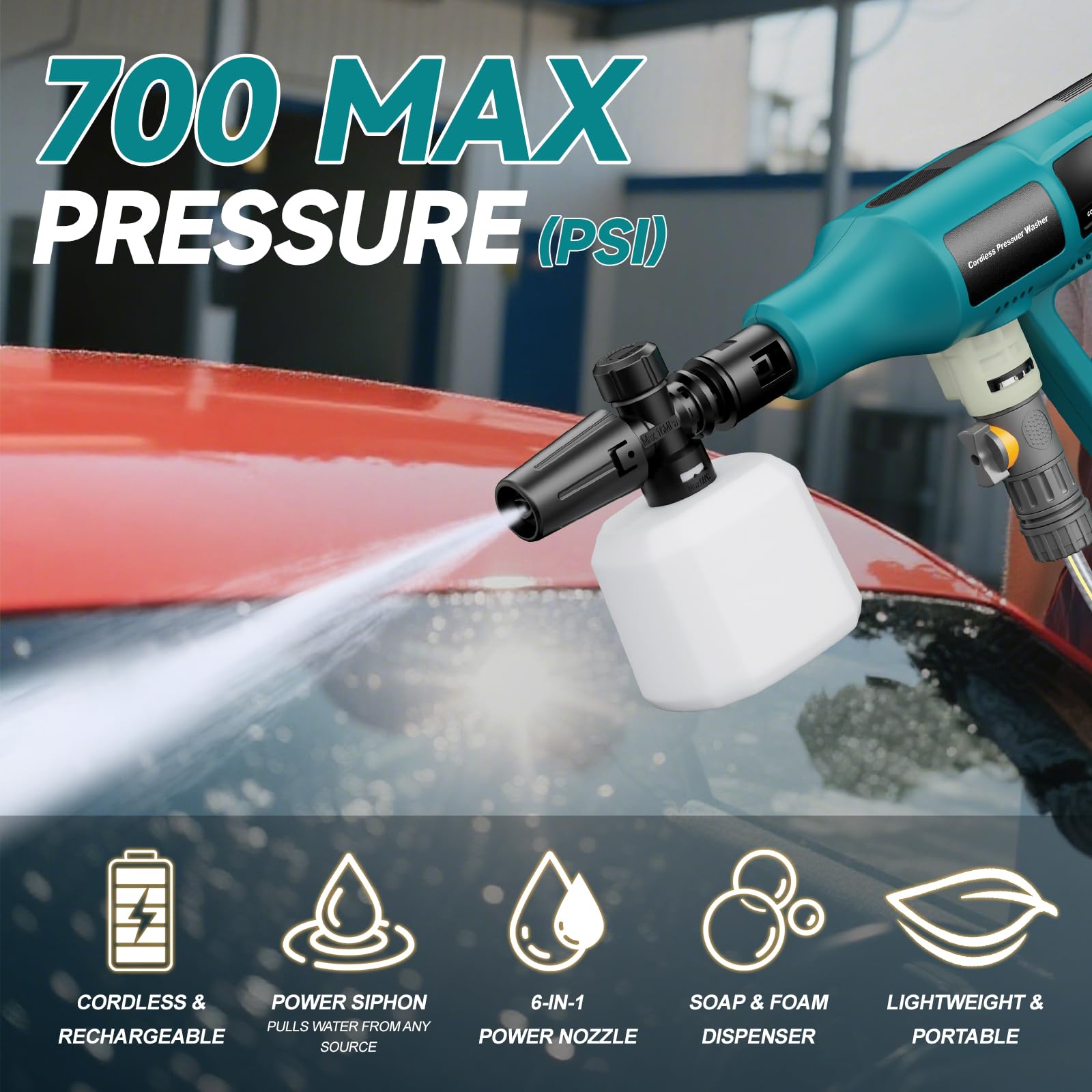 Akku Hochdruckreiniger, 700PSI Mobiler Akku Druckreiniger Kompatibel mit Makita 18V Akkus, Hochdruckreiniger mit 2×4.0Ah, 6-in-1Düse, Schaumsprüher, Filterkessel, 5M Schlauch für Auto Graten