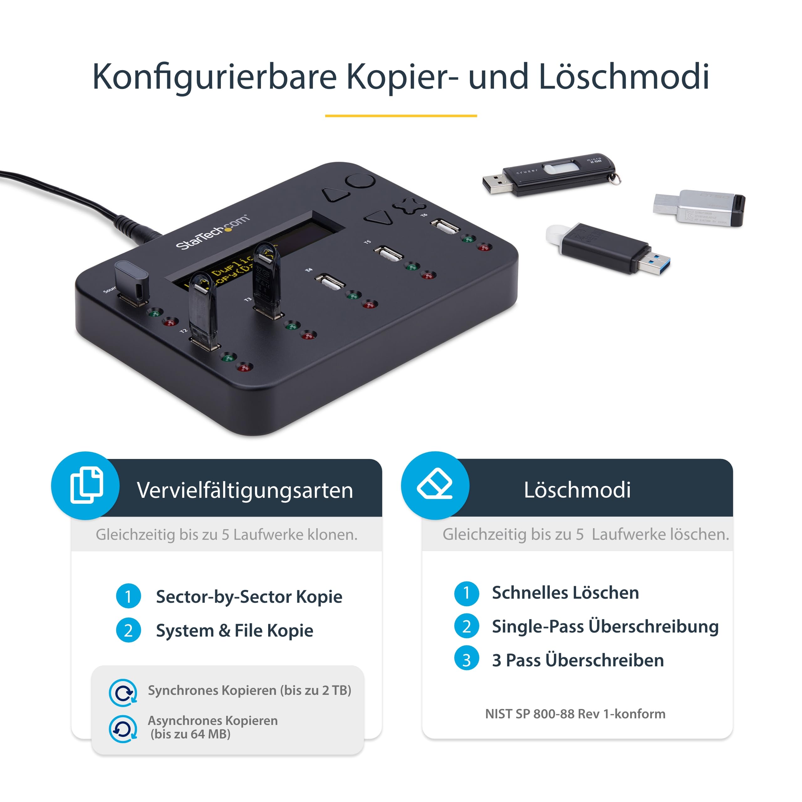 StarTech USBDUP15 Standalone USB Flash Drive Duplicator und Eraser (USB 2.0) | 3-Schritt-Löschung, Standalone ohne PC, Systemkopieren