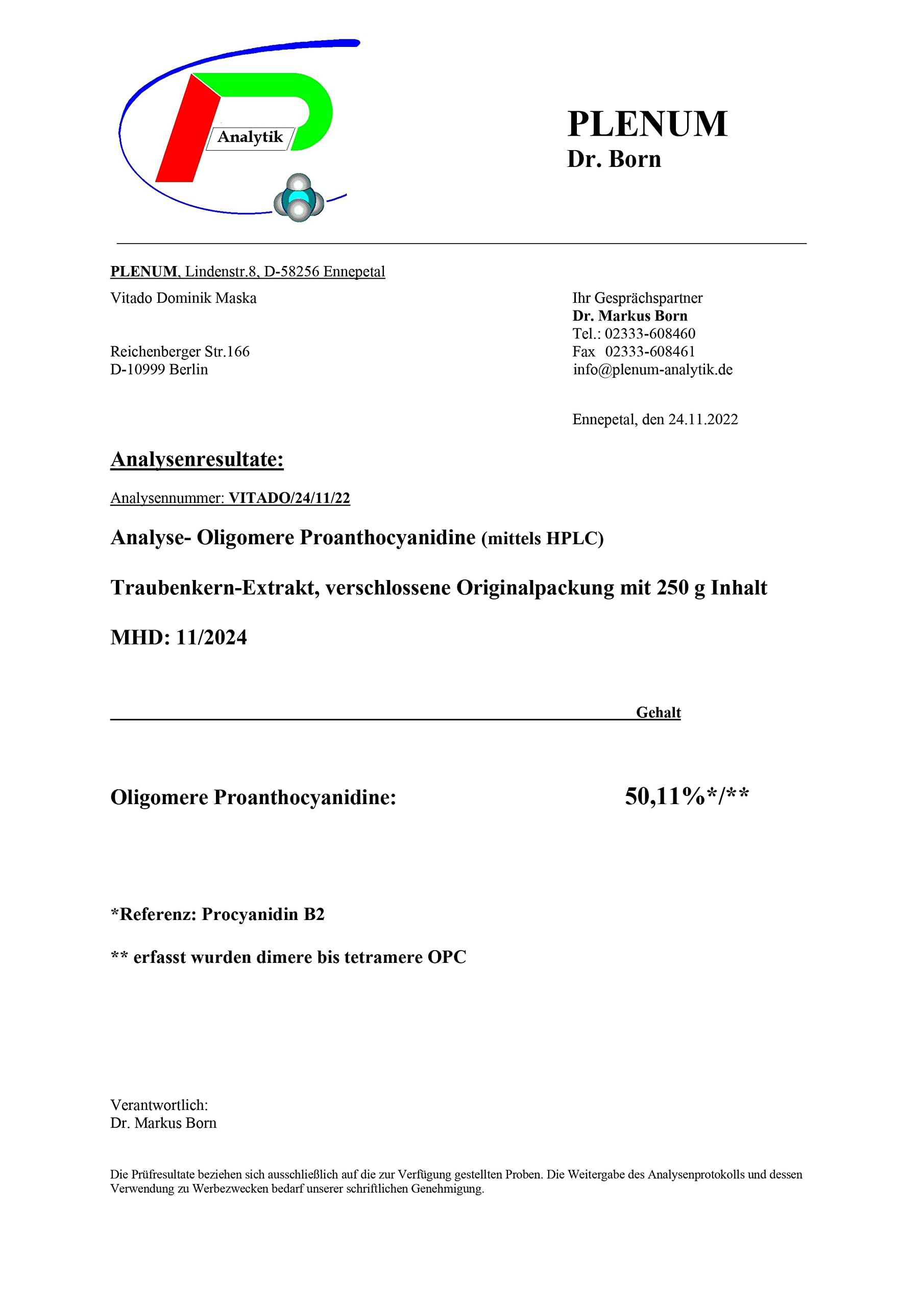 OPC Pulver hochdosiert - 1kg Traubenkernextrakt ohne Zusatzstoffe - MADE IN GERMANY - Mindestens 50% OPC nach HPLC - Laborgeprüft - Französische Weintrauben
