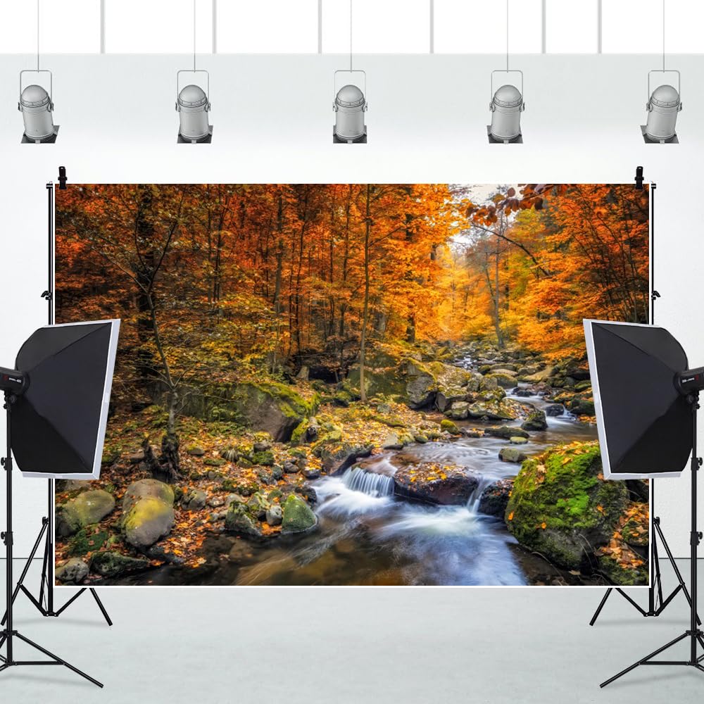 4.5x3m Telón de Fondo de Acuario con Cascada de Otoño, Fondo de Paisaje Natural con Lago y Arroyo del Bosque, Fondos de Plantas Tropicales y Rocas para Terrarios