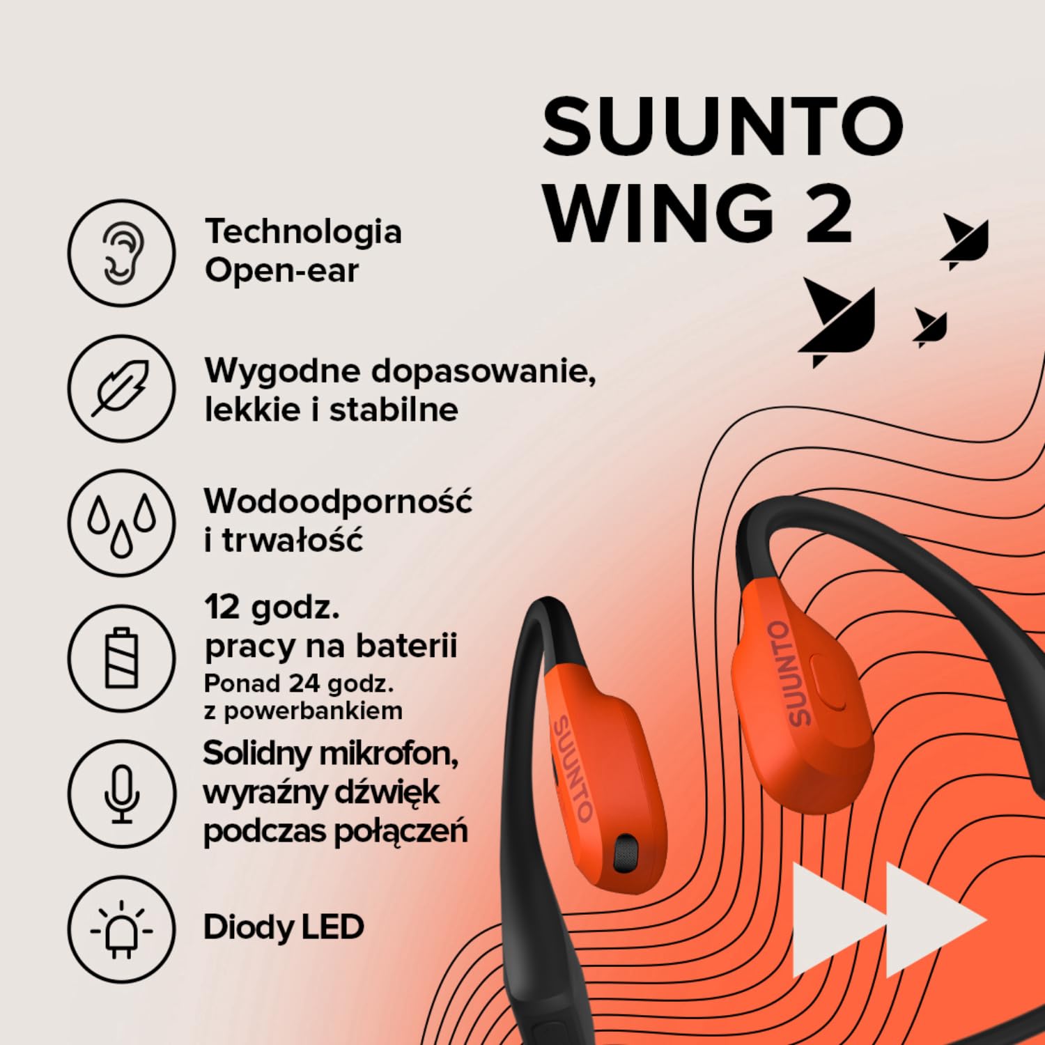 SUUNTO Wing 2 Słuchawki bezprzewodowe z dźwiękiem przewodnictwa kostnego, słuchawki Bluetooth do biegania, sportowe, ze światłem LED, IP66, wodoodporne, z kontrolą ruchu głowy