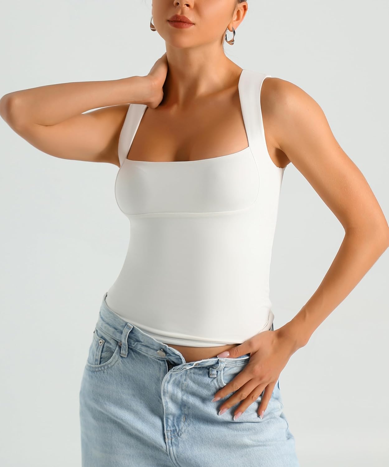 HOYAYO Women's Slim Fit Double-Layer Tank Top Square Neck Sleeveless Basic Fitted Tee Shirt - Image 3