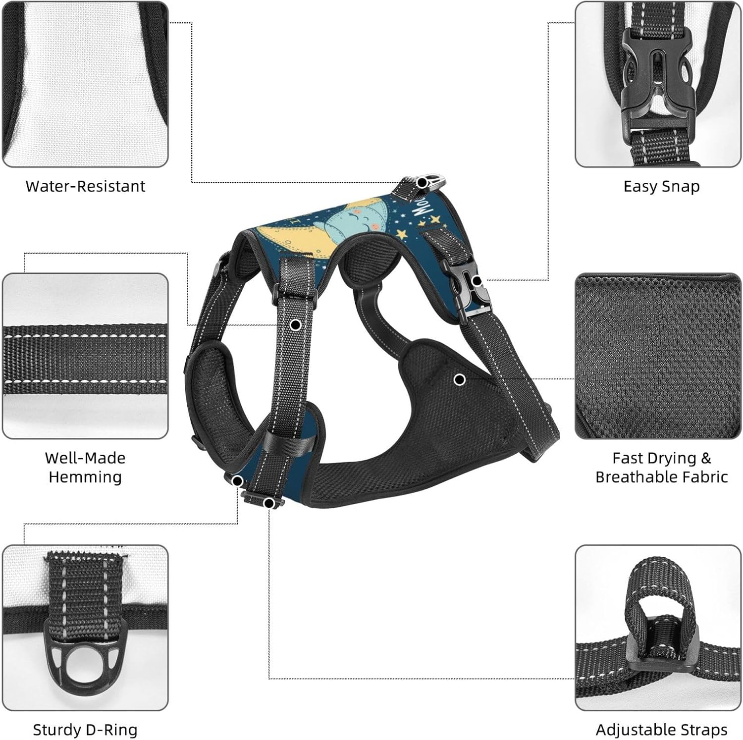 Dog Harness for X-Large Dogs with Leash No Pull 2 Leash Clips, Adjustable Soft Good Night Moon Dog Vest Set X-Large Size
