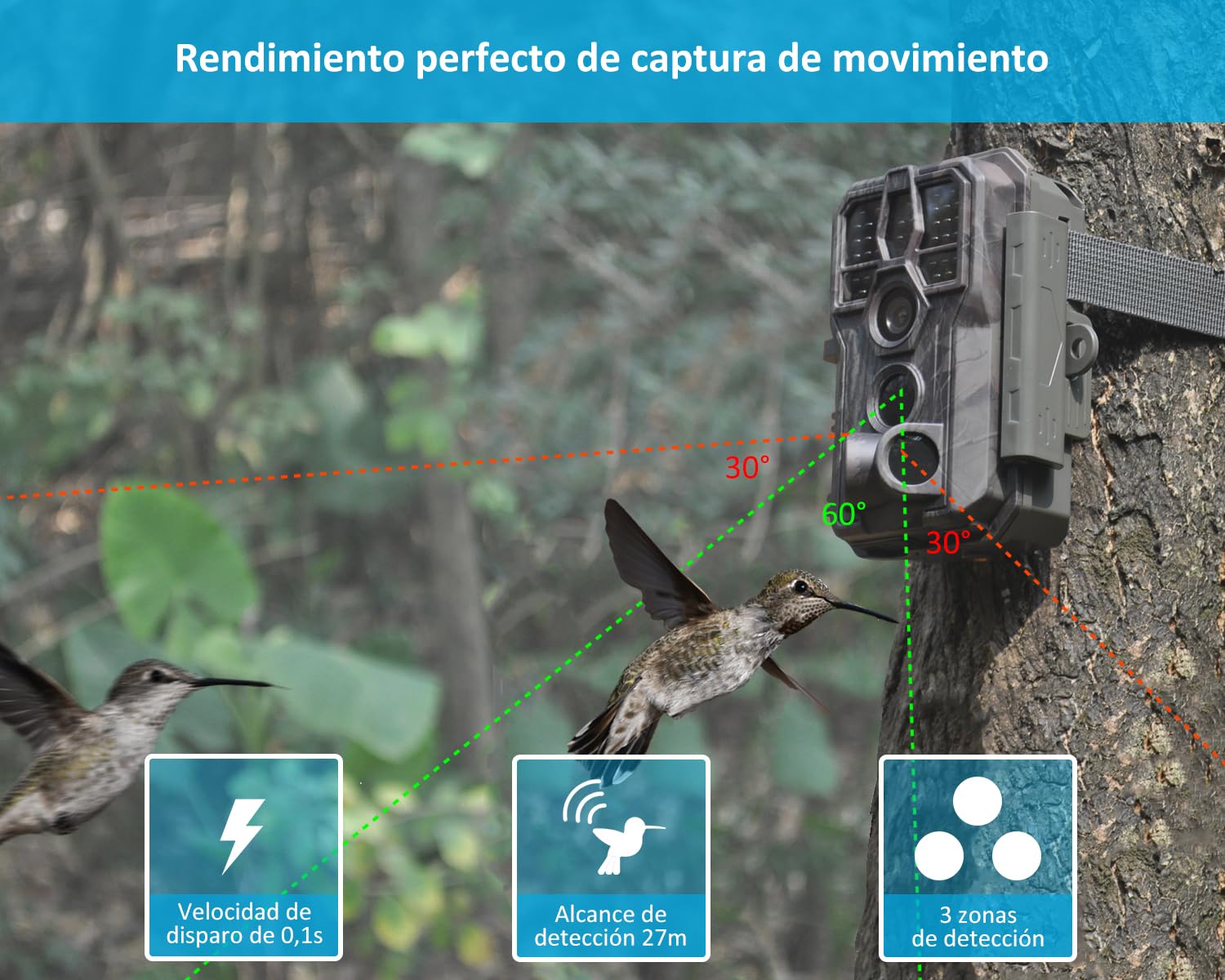 GardePro E5S Câmaras de Caça 64MP 1296P H.264 Vidéo, Camara Fototrampeo con Alcance de Visión Nocturna de 30m y 0,1s Tiempo de Activación, LED IR de 940nm