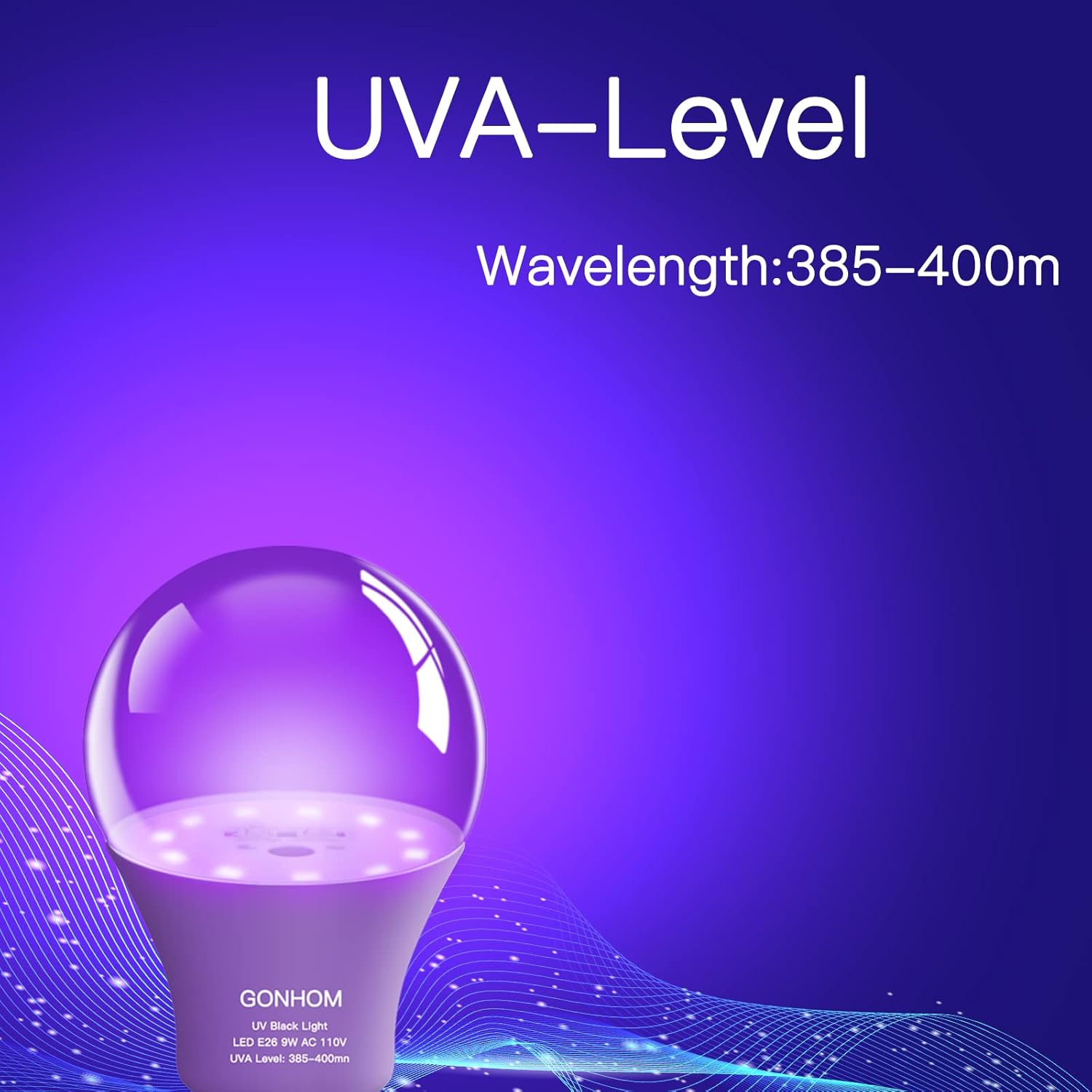 Gonhom 2 Pack A19 LED Black Light Bulbs,Dimmable 9W Blacklight Bulb(100W Equivalent), E26 Base 110V, UVA Level 385-400nm, Glow in The Dark for Black Lights Party, Body Paint, Neon Glow, Art Posters
