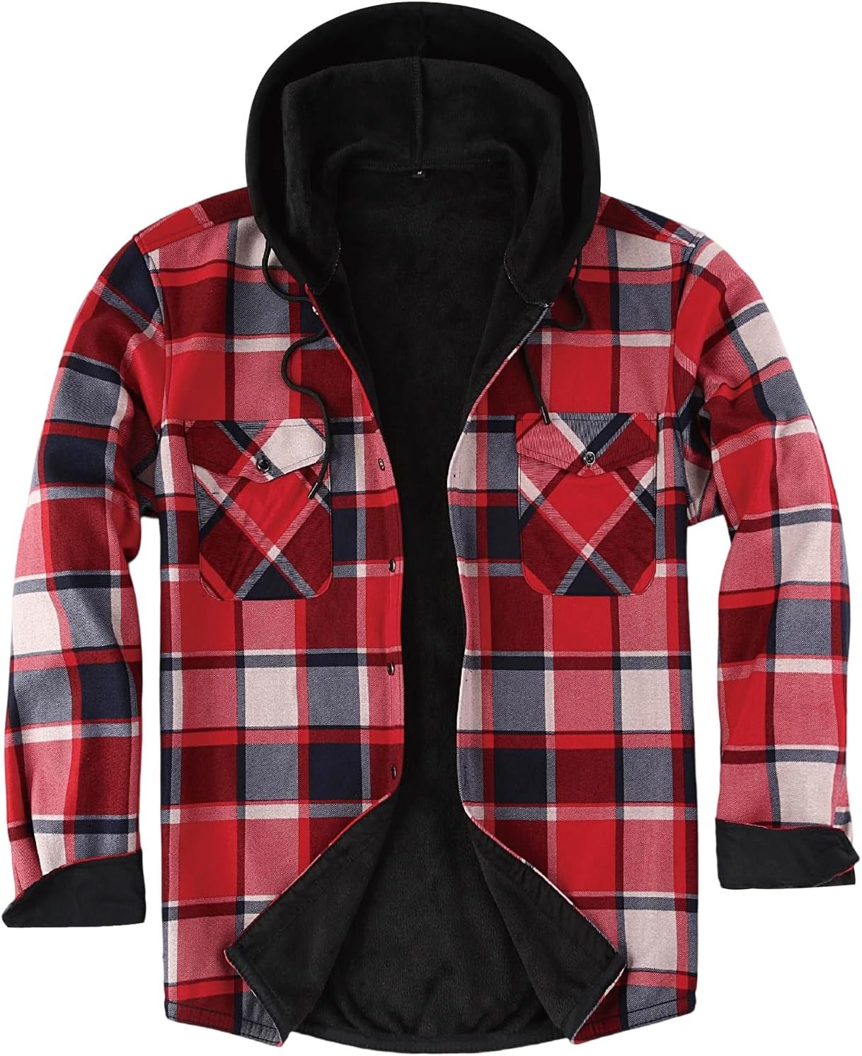 Mens Flannel Plaid Coral Fleece Lined Hooded Shirt Jacket Casual Long Sleeve Button Down Hoodie with Pockets