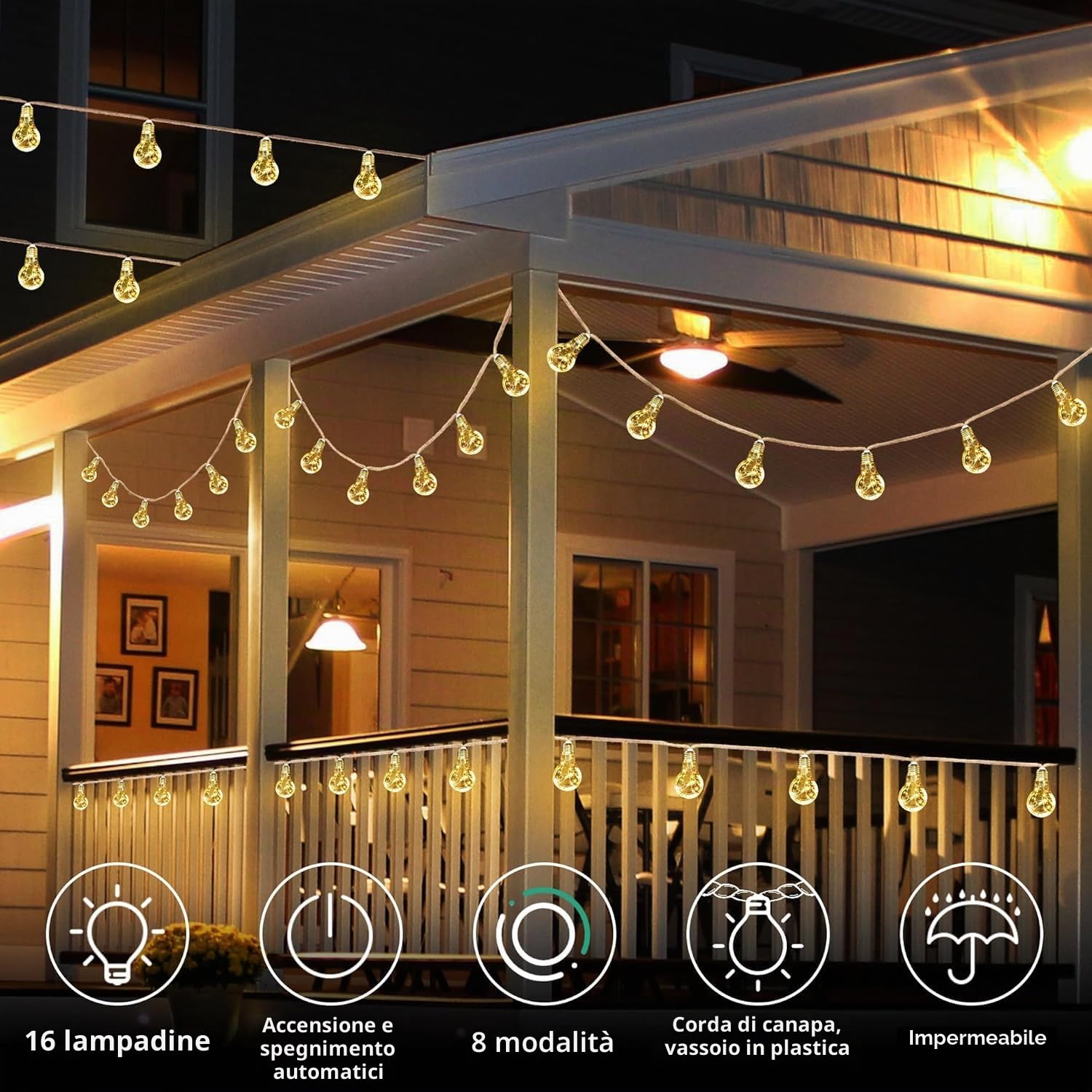 Joomer Catena Luminosa Esterno Solare, 7,5M 16 Lampadine LED Luci Giardino Solare Impermeabile, 8 Modalità Luci da Esterno Giardino in Corda di Canapa per Matrimoni Padiglione Balcone,Bianco Caldo