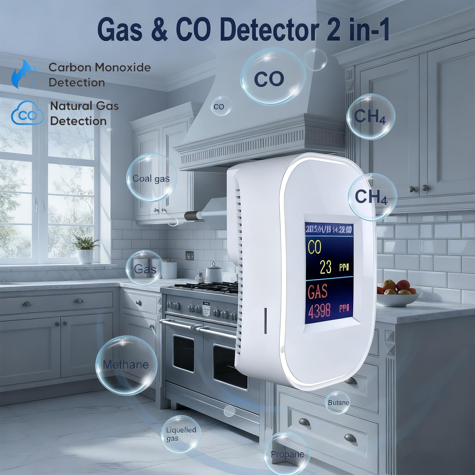 Detector de Gas y Monóxido de Carbono WiFi con Enchufe, Detector de Gas Natural y CO con Pantalla LED, App Tuya/Smart Life, Certificado EN50291 & EN50194, para Cocina, Casa, Garaje y Caravana