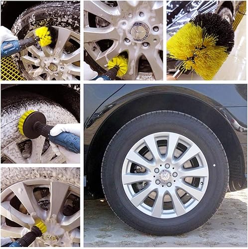 Miniatura 5 de Paquete de 3 cepillos de taladro para detallado automático, cepillo limpiador de ruedas, kit de suministros de cepillo de lavado para neumáticos,