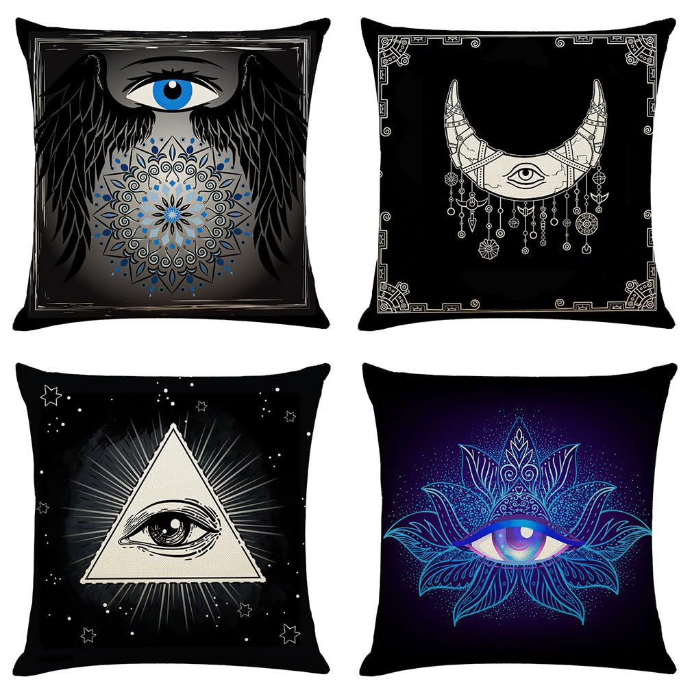 PRK 14 Cushion Covers 4 pcs Halloween Pillow Throws for Livingroom Bedroom Tattoo Art Gothic Illuminati Moon Eye Couples Sofa Horror Scary Pillowcase Set 45 x 45cm