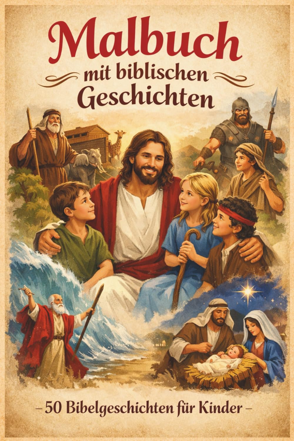 Malbuch mit biblischen Geschichten: 50 Bibelgeschichten für Kinder