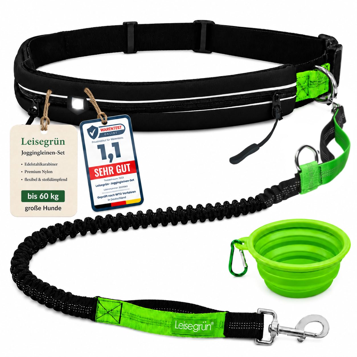 Leisegrün Joggingleine große Hunde bis 60 kg mit Bauchgurt & Bungeeleine | Freihand-Hundeleine, verstellbarer Bauchgurt, elastisch & ruckdämpfend, reflektierend – ideal zum Joggen, Wandern, Canicross