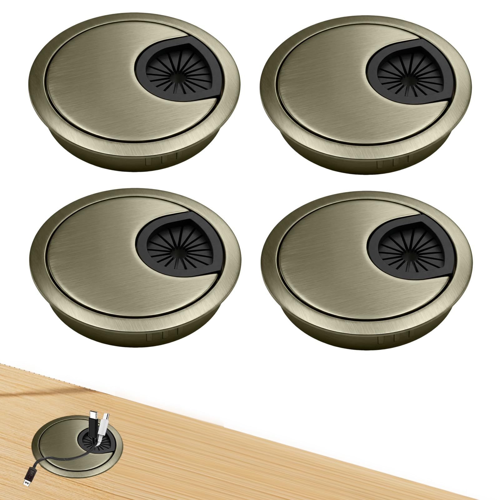 4 Pcs 60mm Desk Cable Grommets, Zinc Alloy Round Cable Grommet for Desk