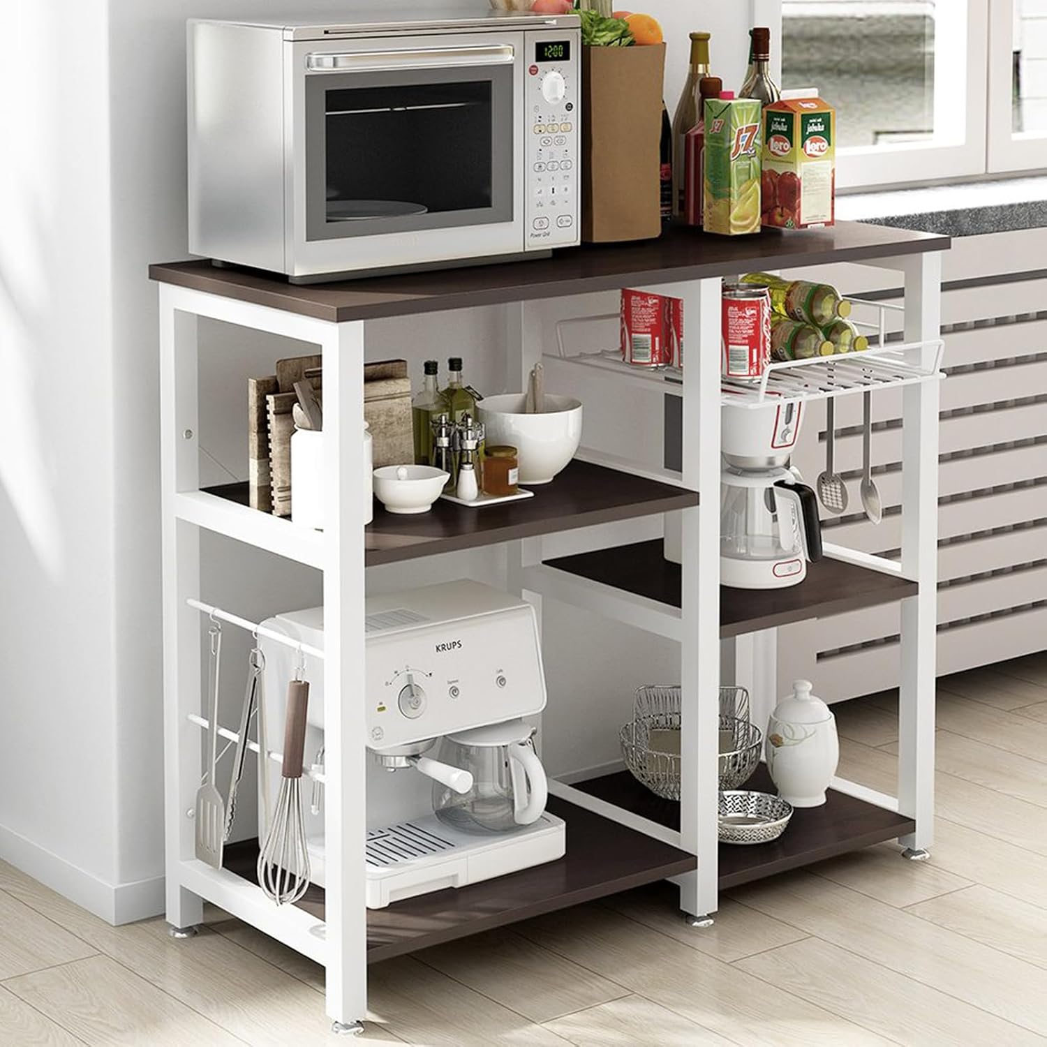 SogesGame Kitchen Baker's Rack 3-Tier Microwave Oven Stand Kitchen Utility Storage Shelf with Hooks Multifunctional Workstation for Kitchen, Living Room and Corridor（Black