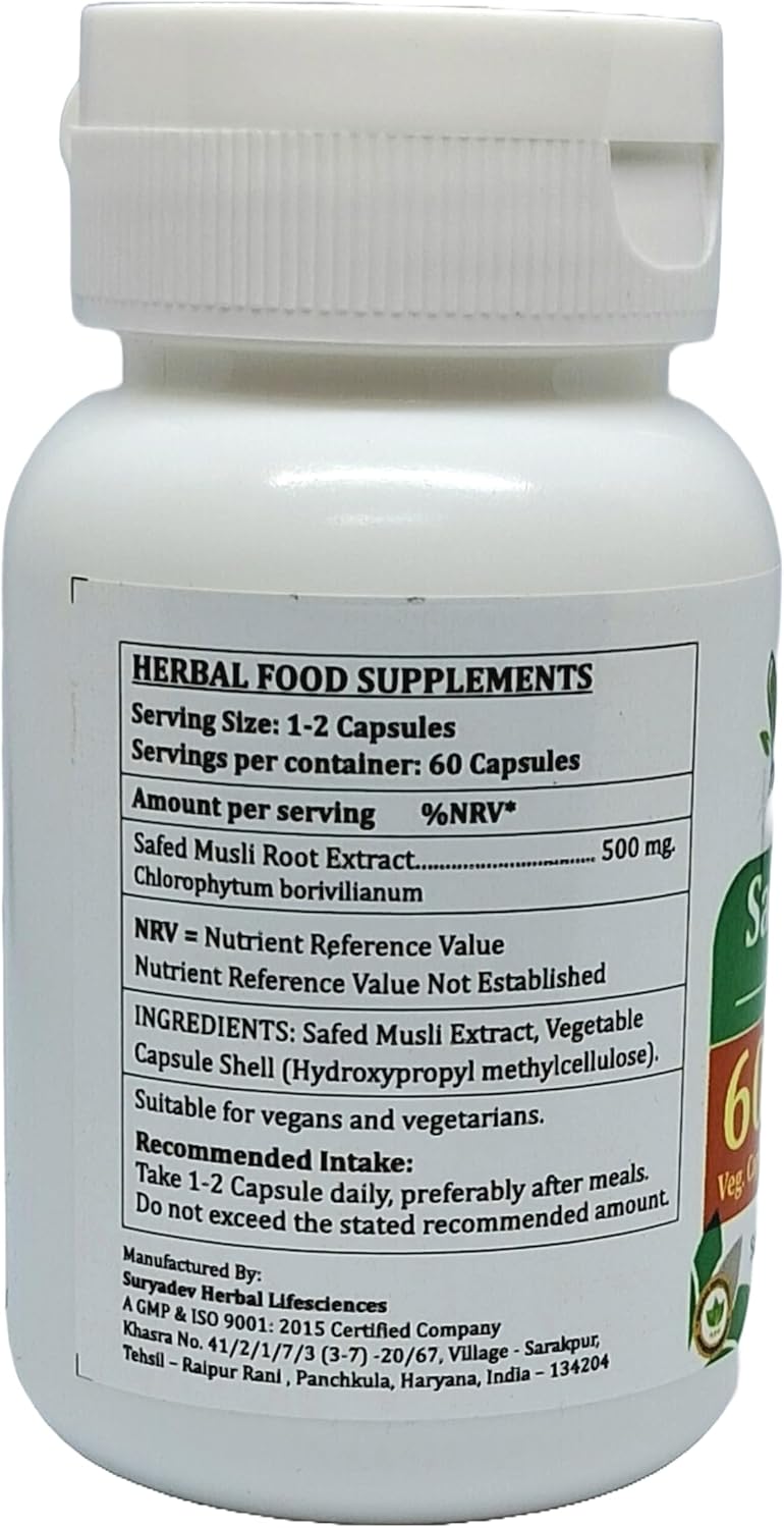 Safed Musli Capsule, 500 mg. 60 Count (Chlorophytum arundinaceum) (Pack of 4)