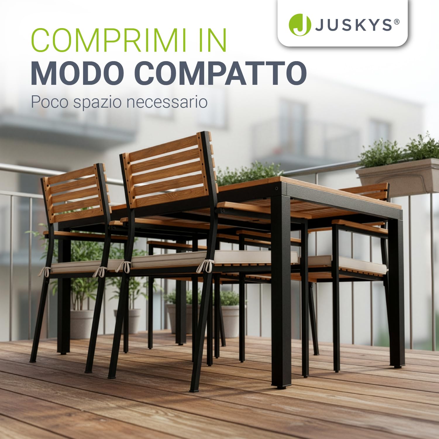 Juskys set di mobili da giardino Rhodos con legno di acacia - Tavolino, 4 sedie e cuscini - Set da cinque pezzi per terrazzo e ambienti esterni - Legno naturale e nero