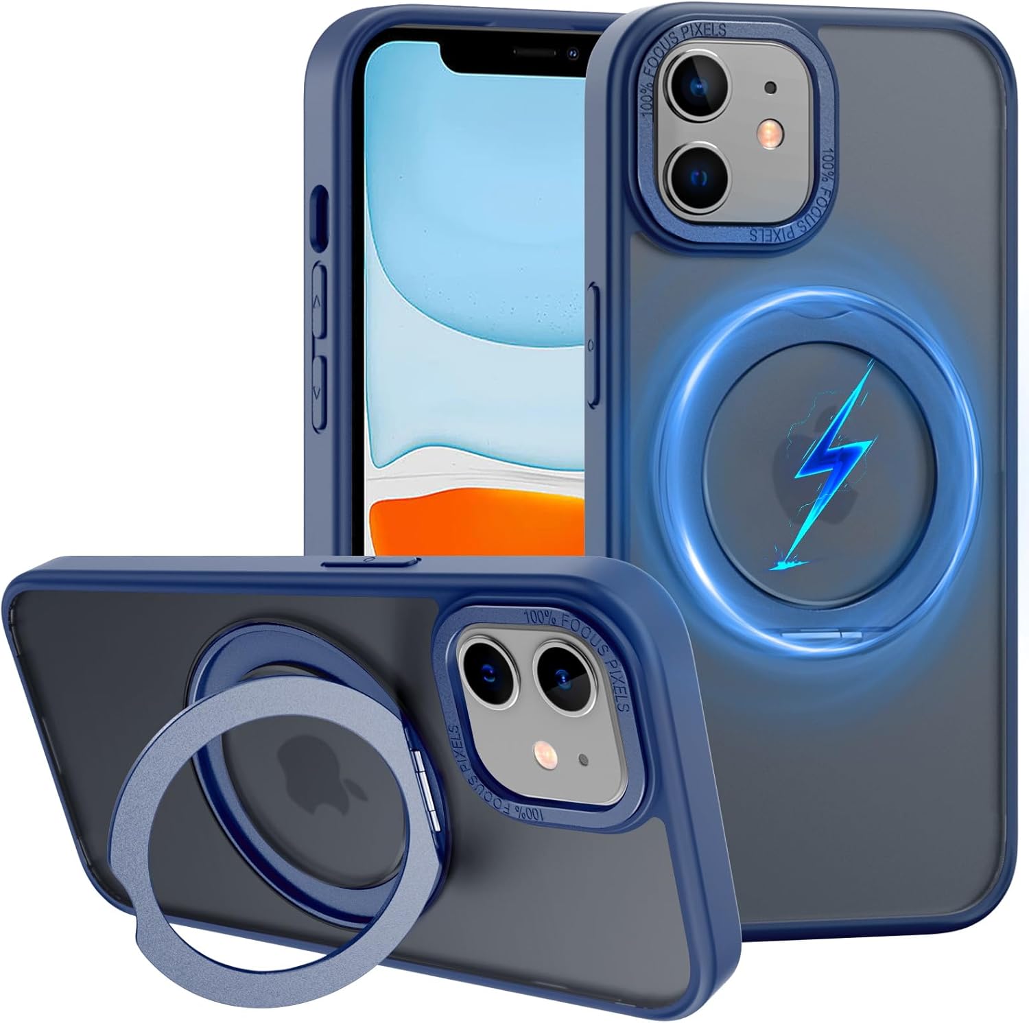 zhk 360° rotatable ring for iphone 11 case magnetic, [military grade drop proof] [translucent frosted back panel] slim non-slip matte phone case for iphone 11 6.1'', navy blue navy blue iphone 11 6.1 inch