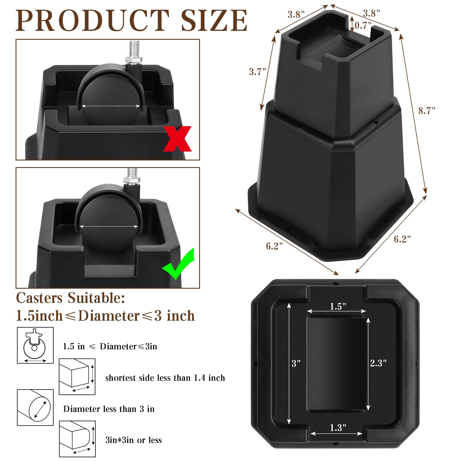 MCXYEM Adjustable Bed Furniture Risers Elevation in Heights Heavy Duty Risers for Both Posts and Wheels of Furniture Sofa Bed Couch Table (Black 4 Pack, 8 Inch)