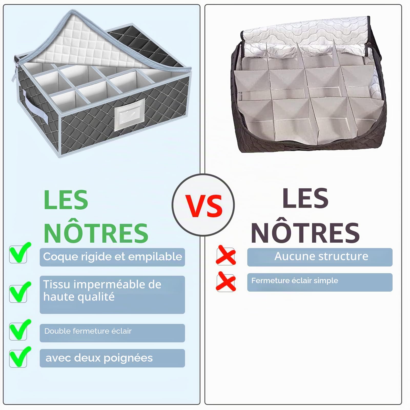 Lot de 2 boîtes de rangement empilables pour tasses et tasses à café avec séparateurs - Capacité : 24 verres