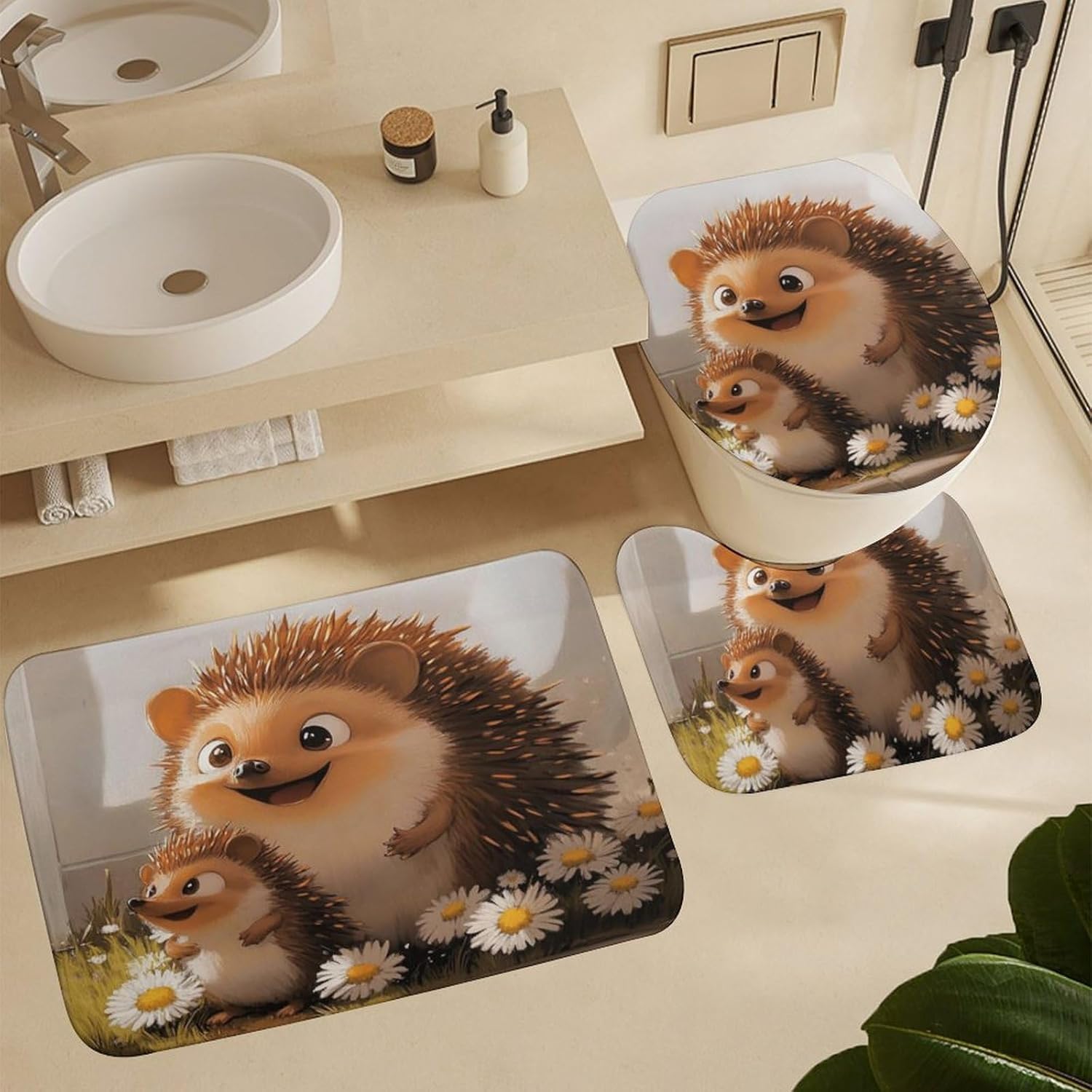4pcs Rustic Hedgehog Flower Shower Curtain Set with Rugs, Toilet Lid Cover and Bath Mat, Animal Daisy Bathroom Curtains Decor Shower Curtains, 72" X 72"